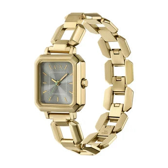 Armani Exchange AX5726 watch shown at angle displaying gold bracelet and grey dial
