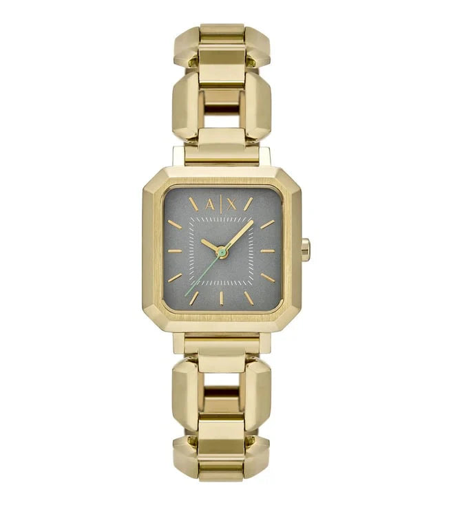 Armani Exchange AX5726 chronograph watch with gold bracelet and grey dial