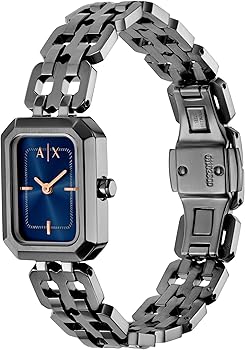 Armani Exchange AX5812 watch worn on wrist showing blue dial and gunmetal bracelet
