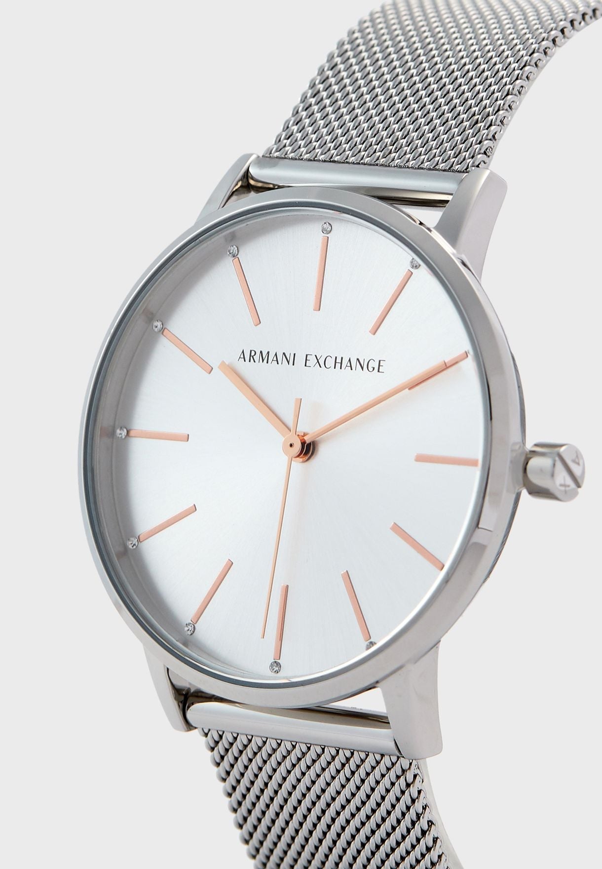 Armani Exchange AX7112 angled view showing case profile and mesh band detail