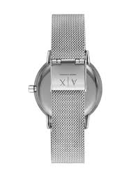 Armani Exchange AX7112 caseback showing XIV engraving and mesh bracelet