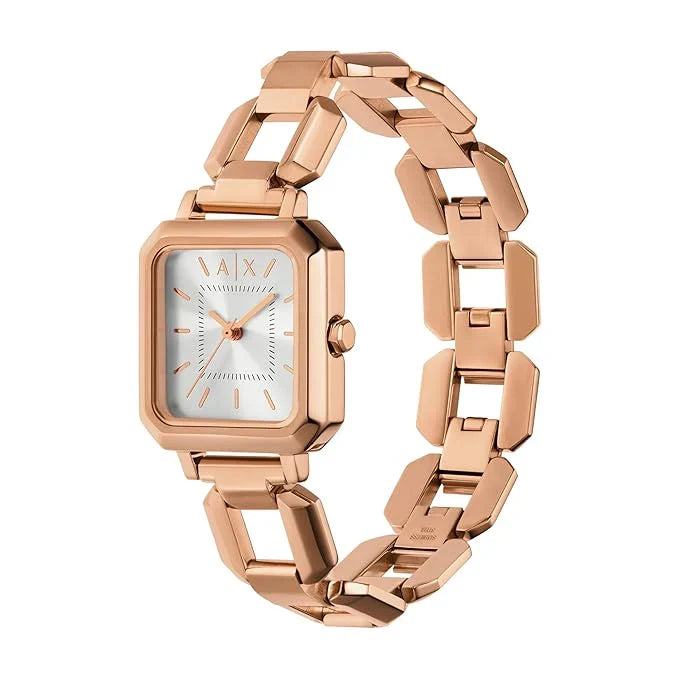 Armani Exchange AX7167 rose gold watch angled view showing square case and metal bracelet