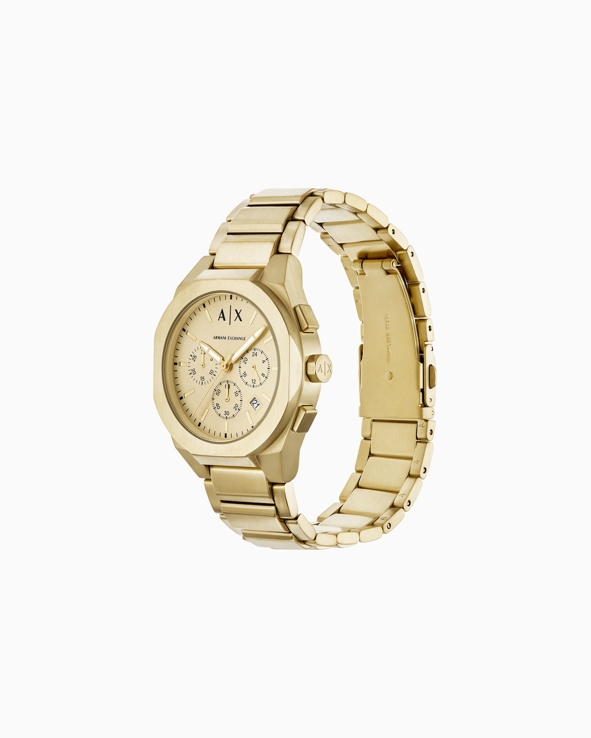Armani Exchange AX7171 gold chronograph watch shown at angle with matching gold bracelet