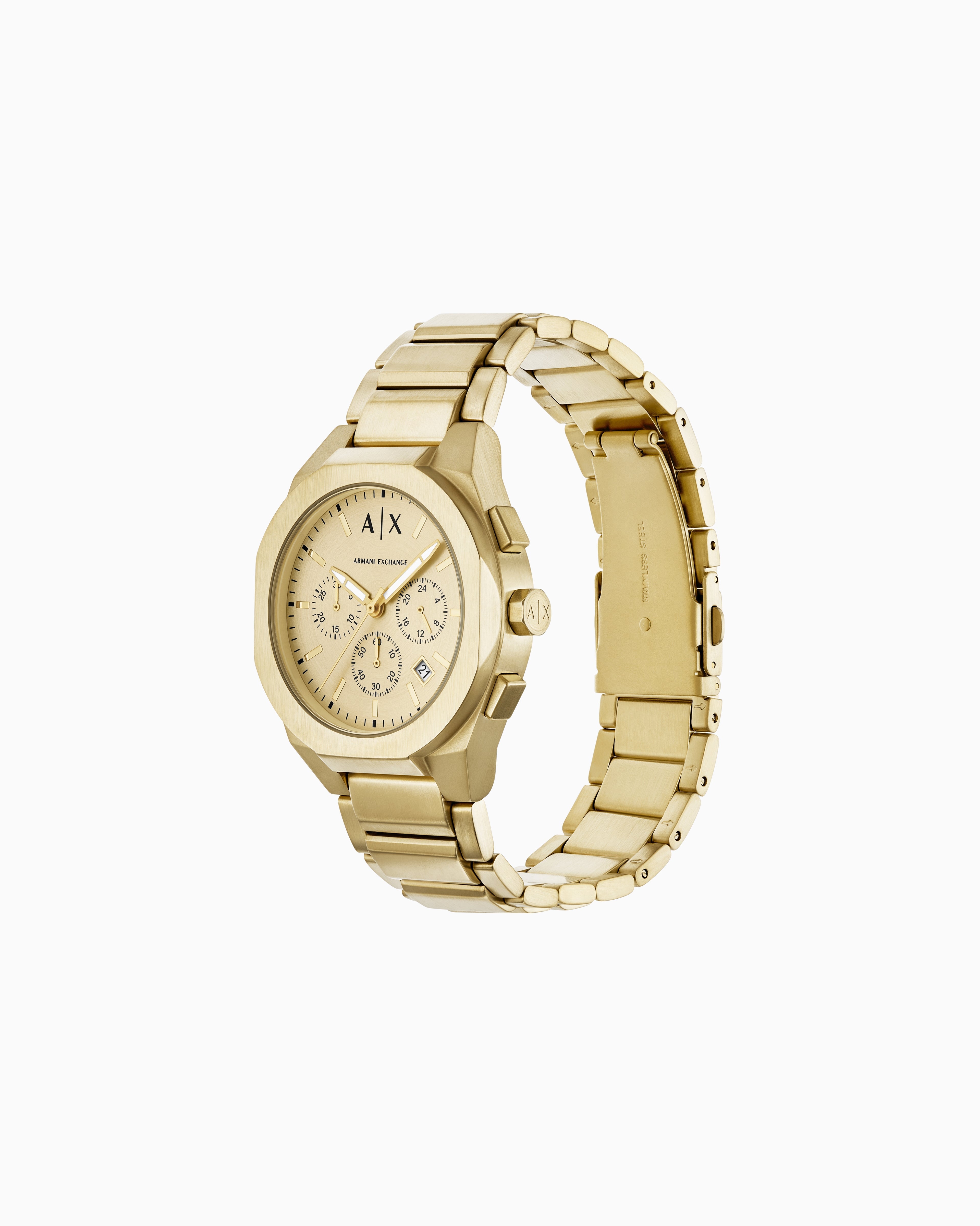 Armani Exchange AX7171 gold chronograph watch shown at angle with matching gold bracelet
