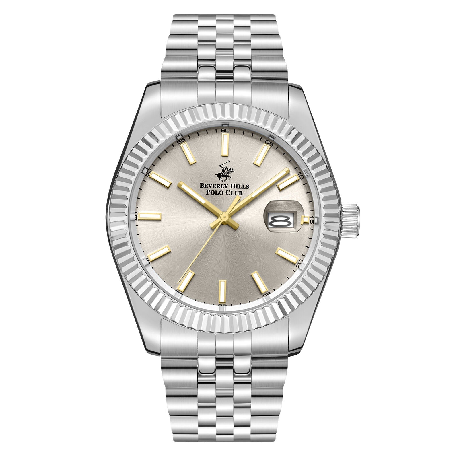 Beverly Hills Polo Club watch with beige dial, silver bracelet, date window at 3 o'clock