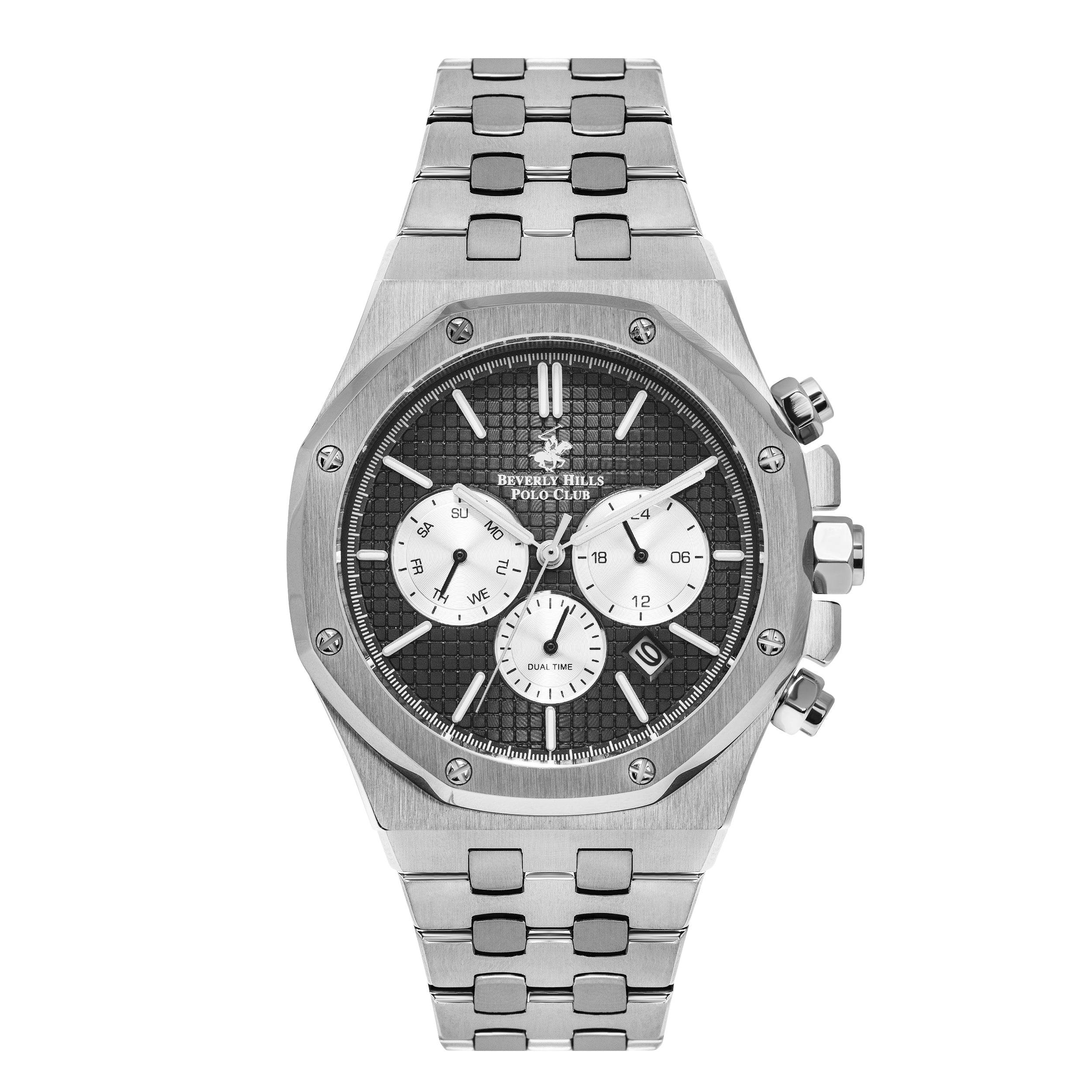 Beverly Hills Polo Club multifunction chronograph watch with black dial and silver bracelet