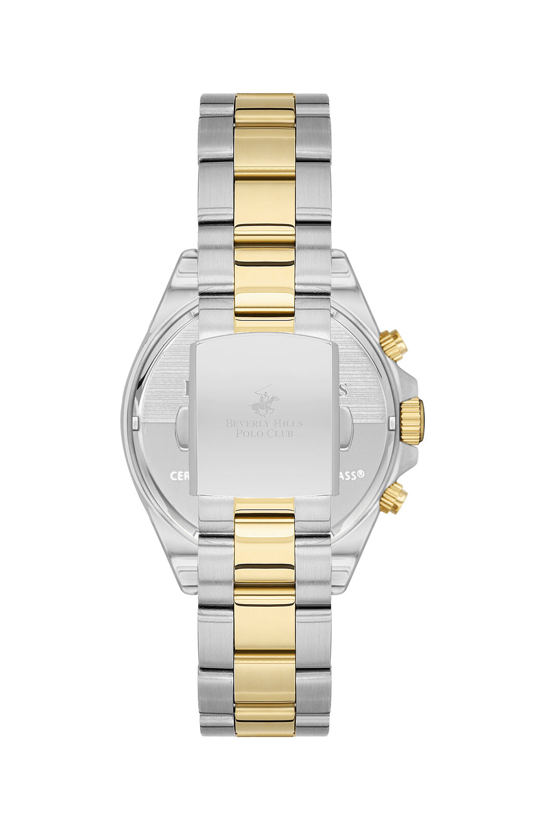 Stainless steel case back with two-tone bracelet, Beverly Hills Polo Club engraving visible