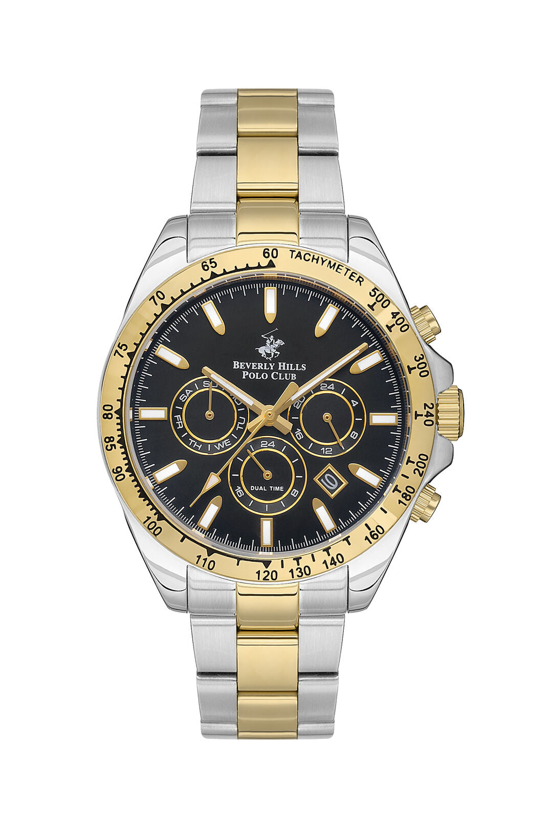 Beverly Hills Polo Club BP3127X.251 two-tone chronograph watch with black dial and gold tachymeter bezel
