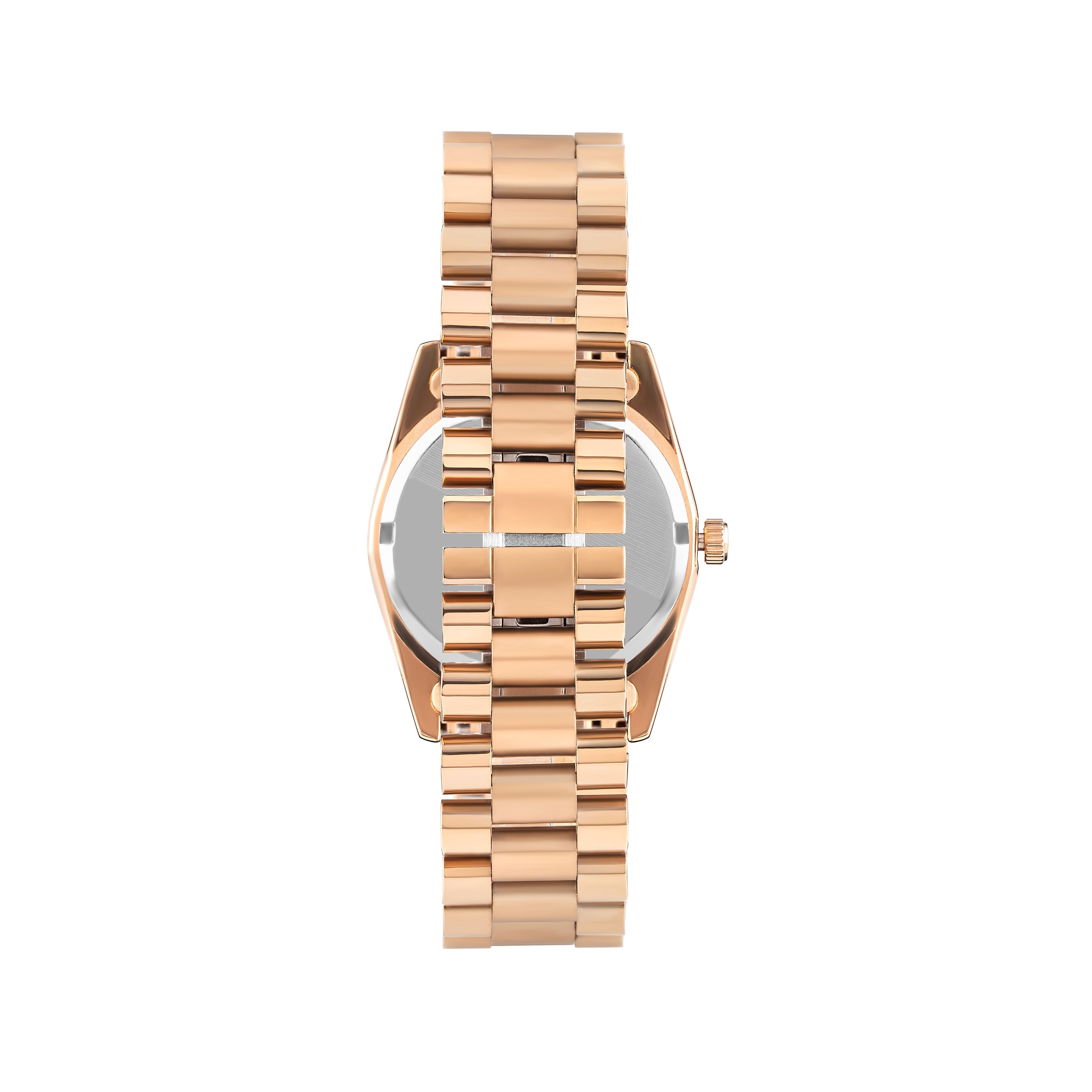 Back view of rose gold watch case and linked bracelet