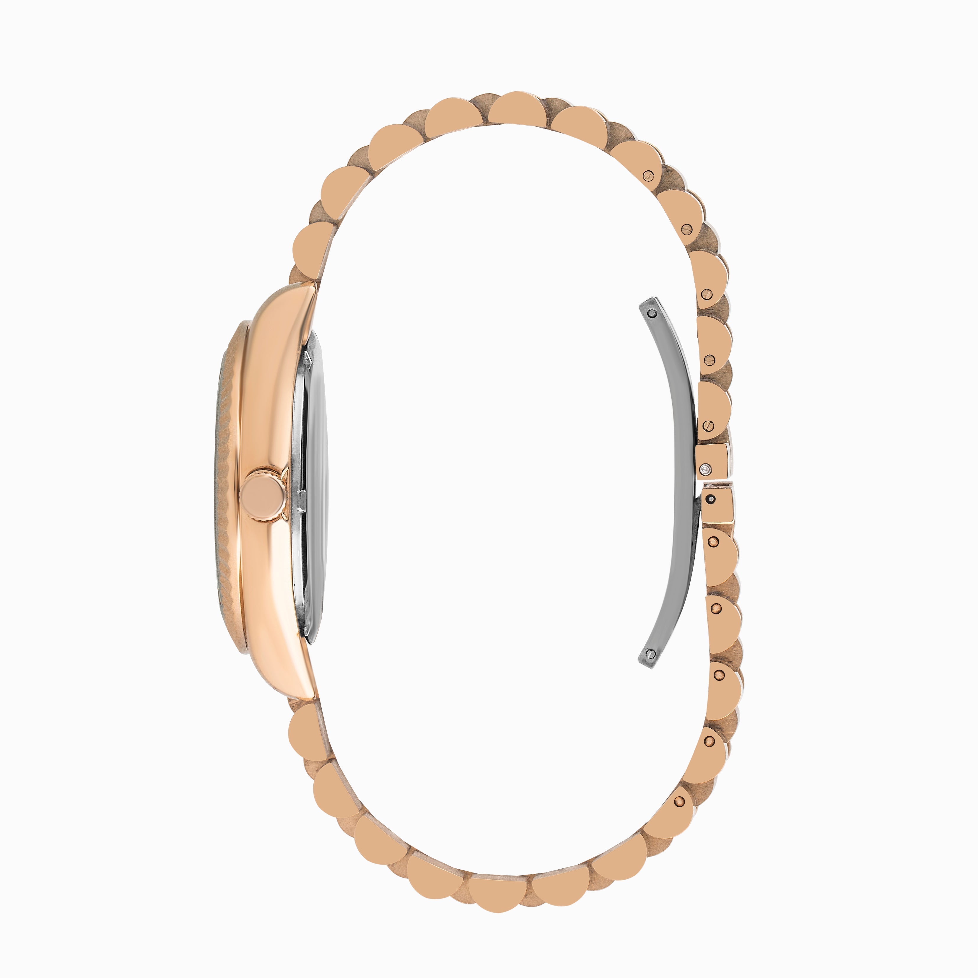 Side profile of rose gold watch with linked bracelet and round case