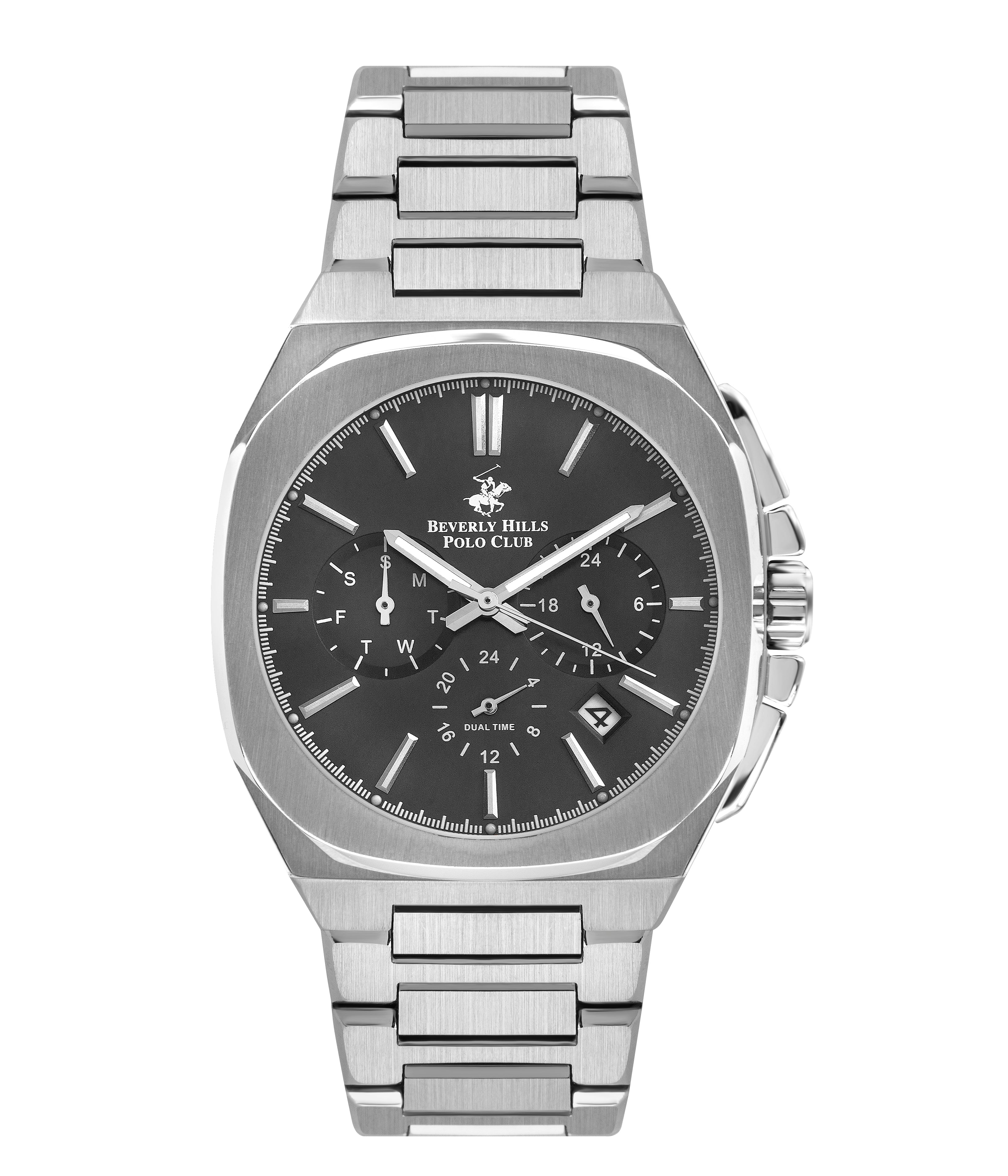 Beverly Hills Polo Club silver watch with black dial, dual time subdials, and silver metal bracelet