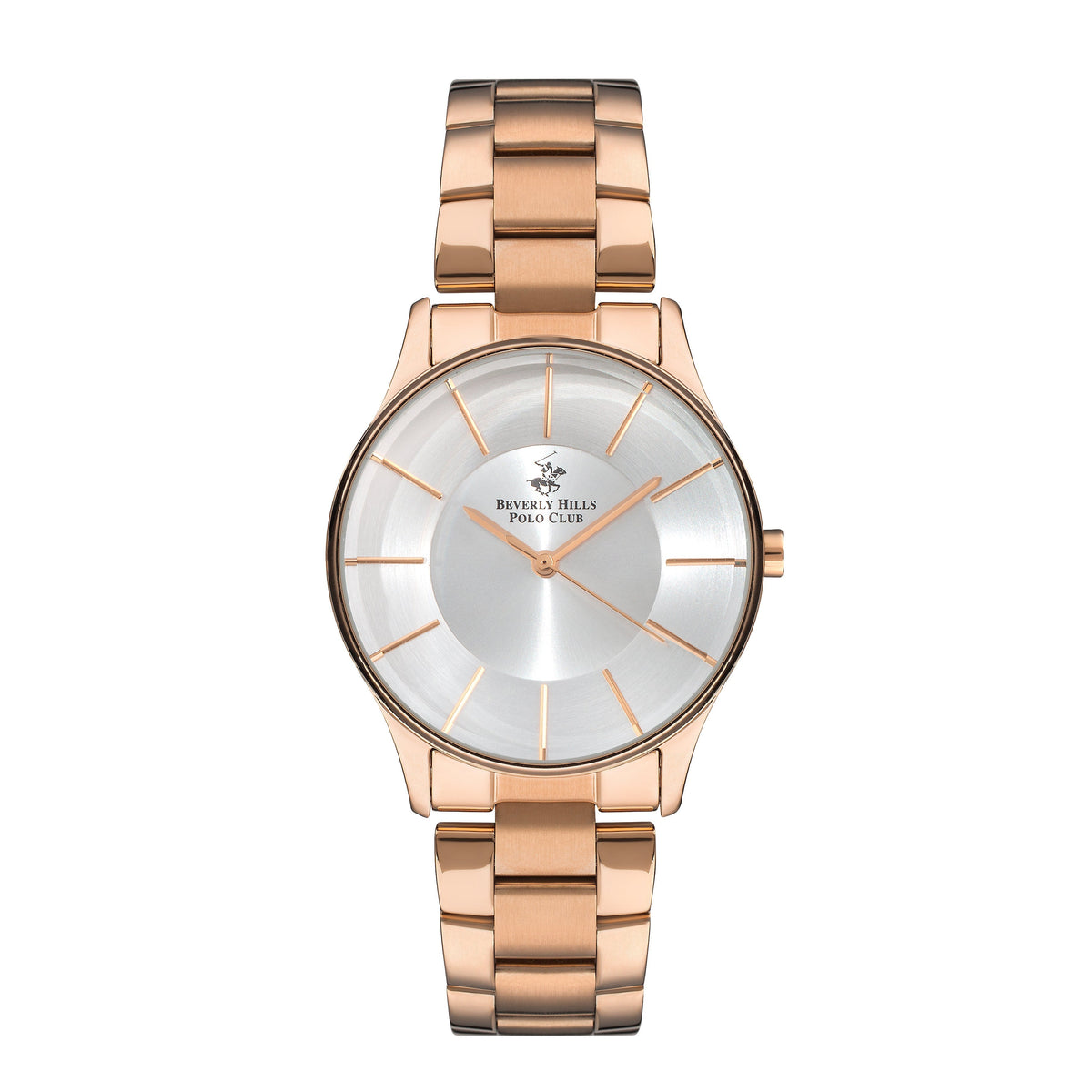Beverly Hills Polo Club rose gold analog watch with silver sunray dial and rose gold bracelet