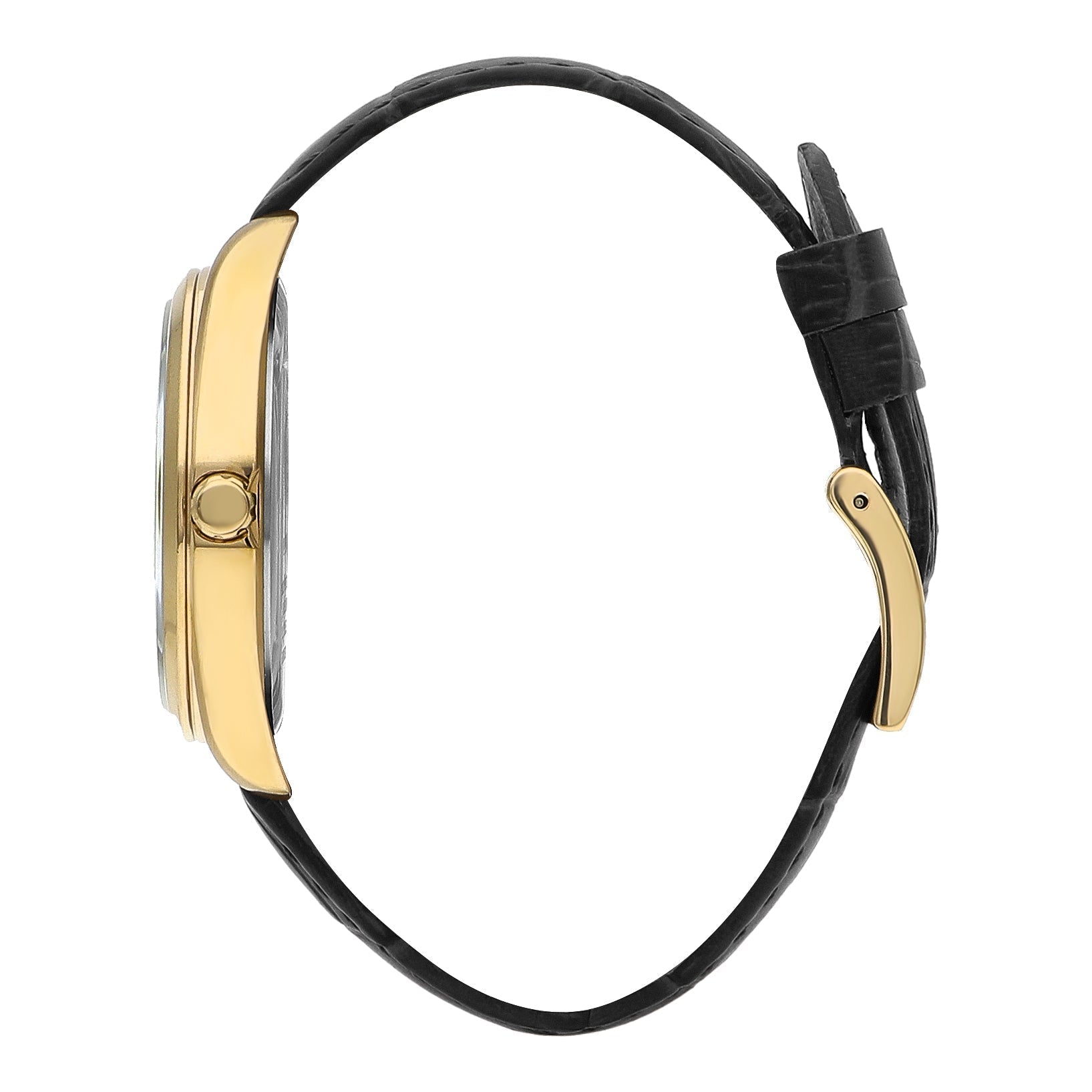 Side view of Beverly Hills Polo Club watch showing gold-tone case and black leather strap