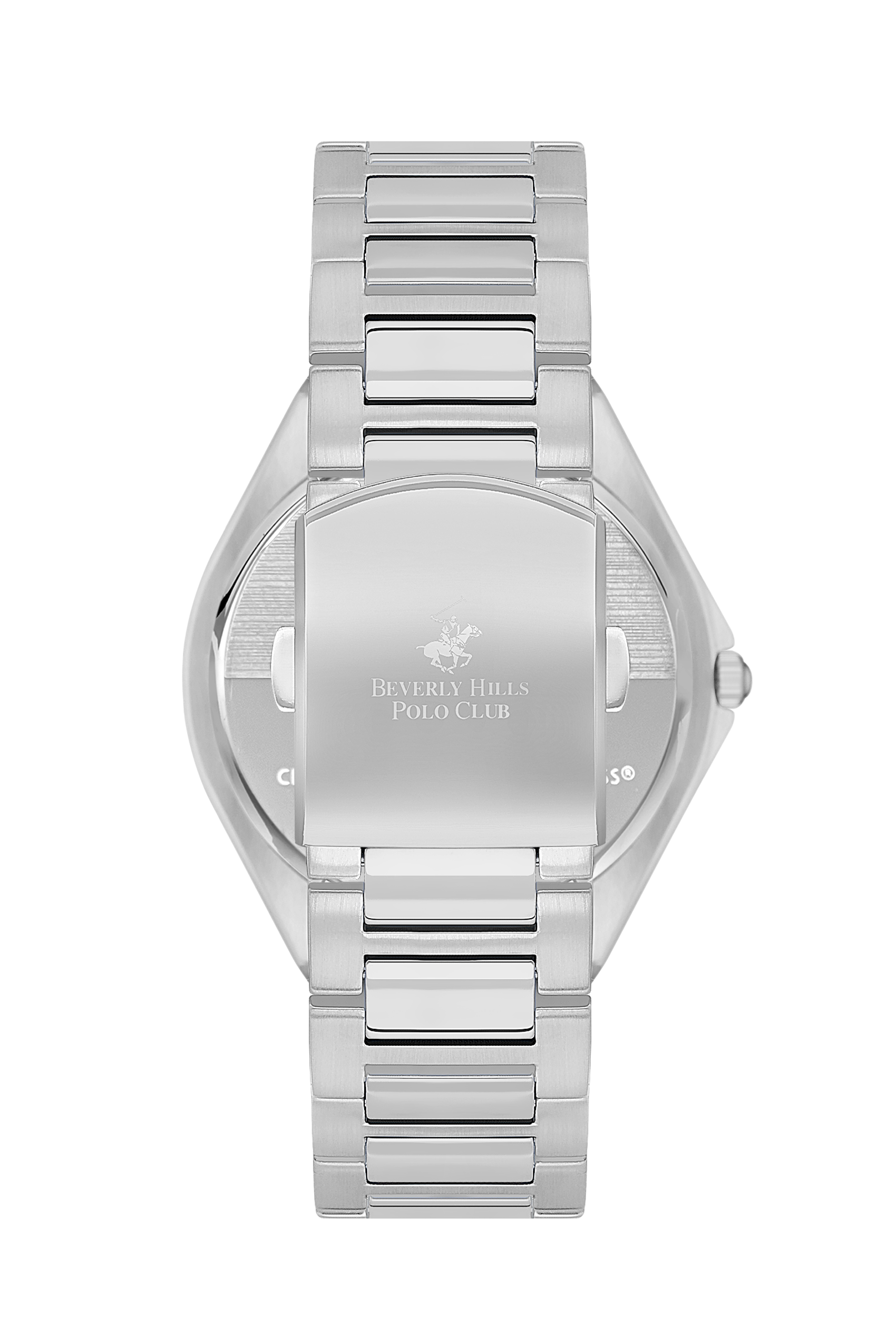 Caseback of Beverly Hills Polo Club silver watch with engraved logo