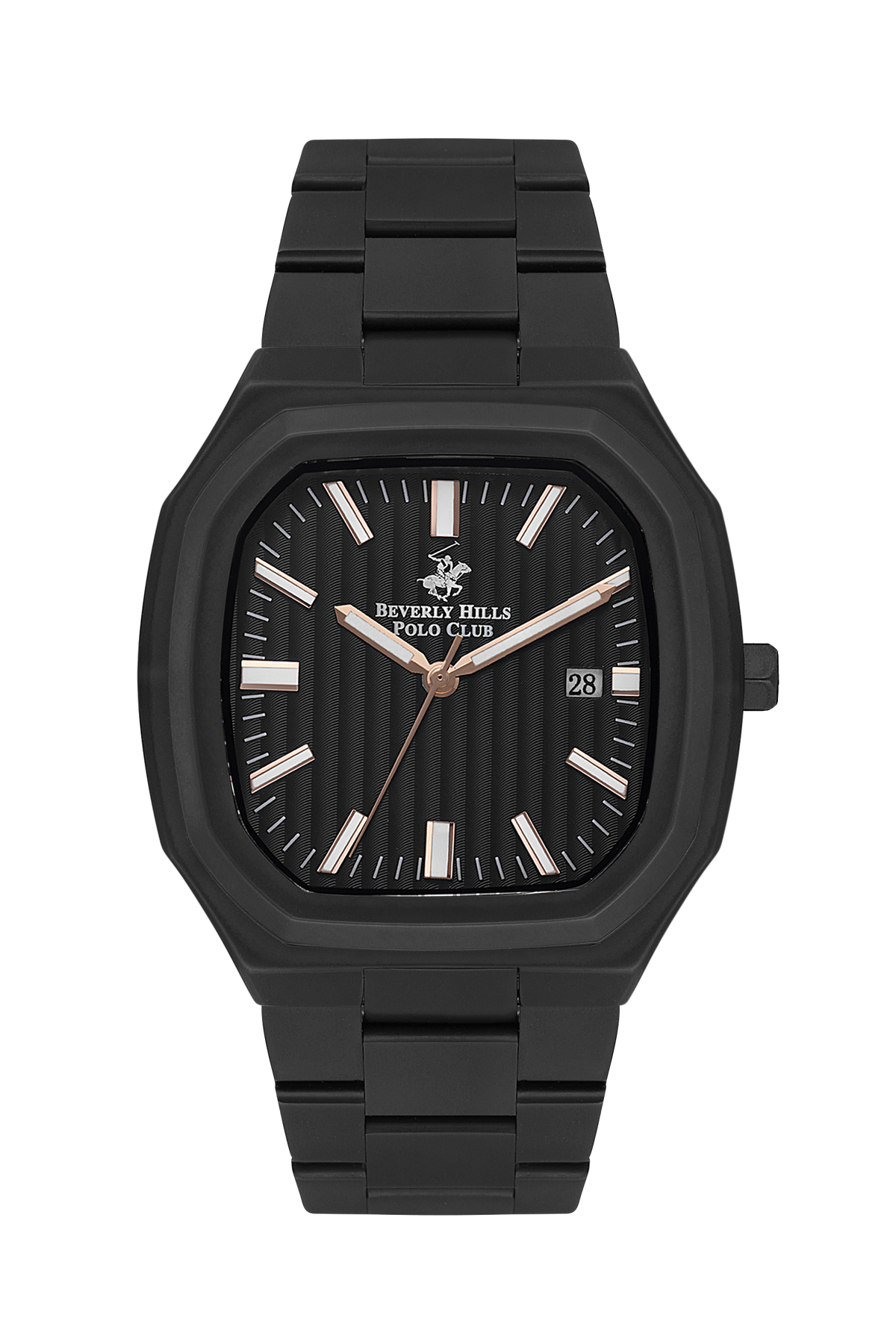 Beverly Hills Polo Club BP3547X all-black analog watch with date window and striped dial