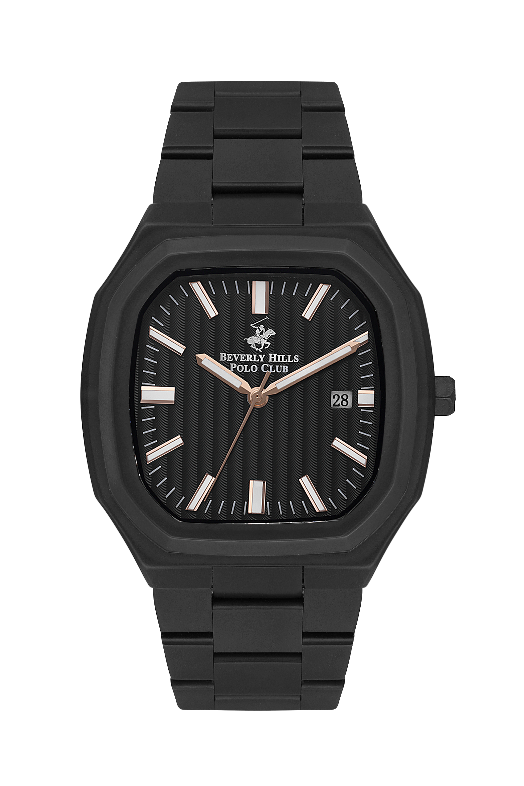 Beverly Hills Polo Club BP3547X all-black analog watch with date window and striped dial