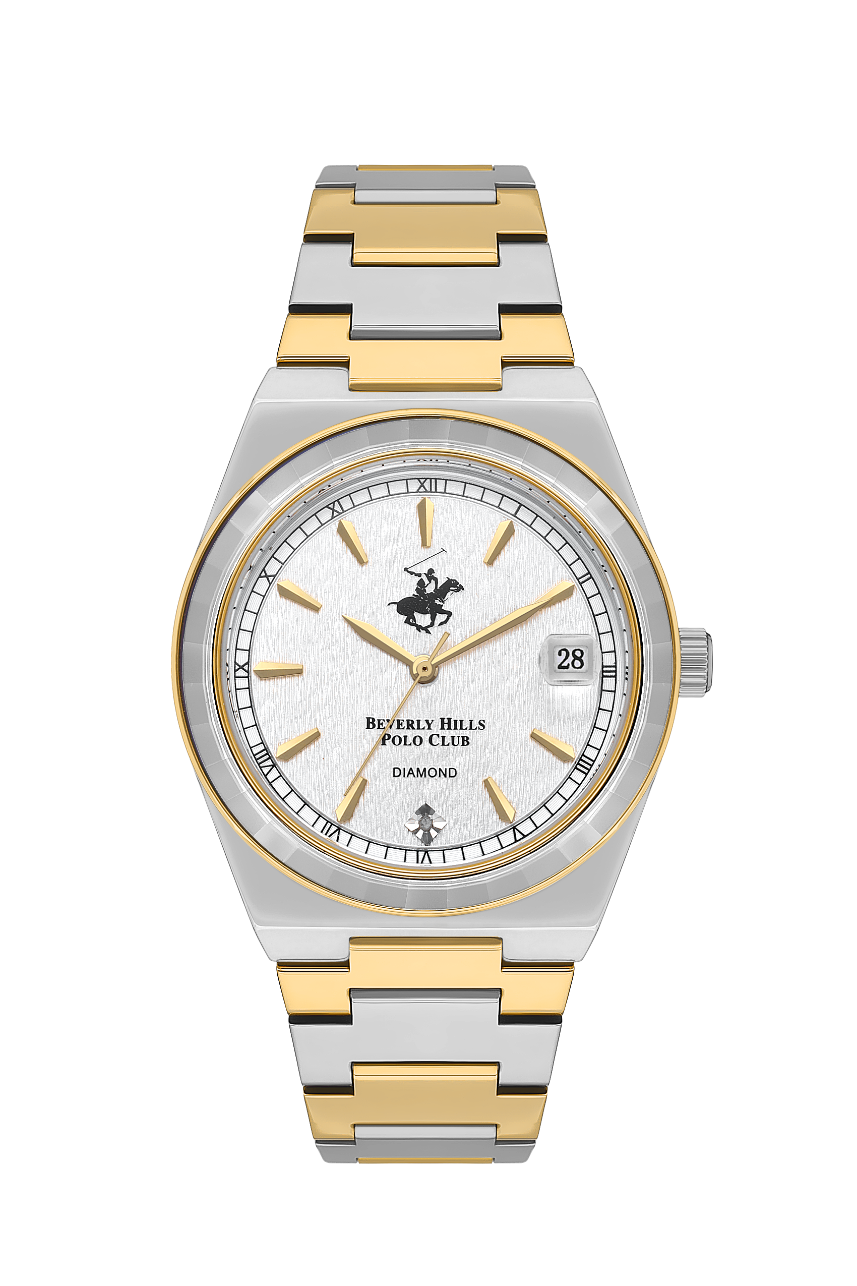 Beverly Hills Polo Club two-tone diamond date watch with white dial and mixed metal bracelet