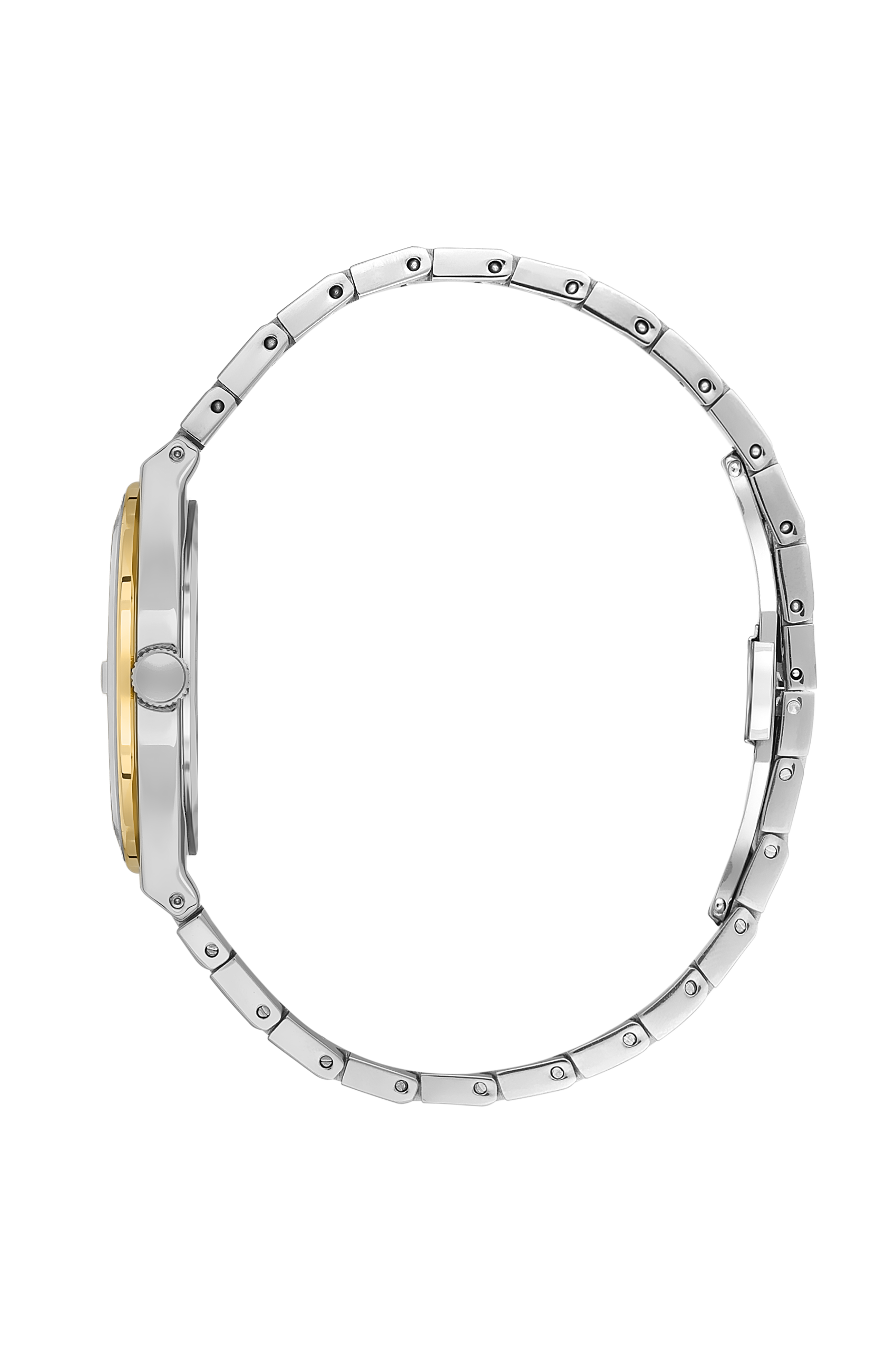 Side view of Beverly Hills Polo Club two-tone watch showing diamond-set bezel and case thickness