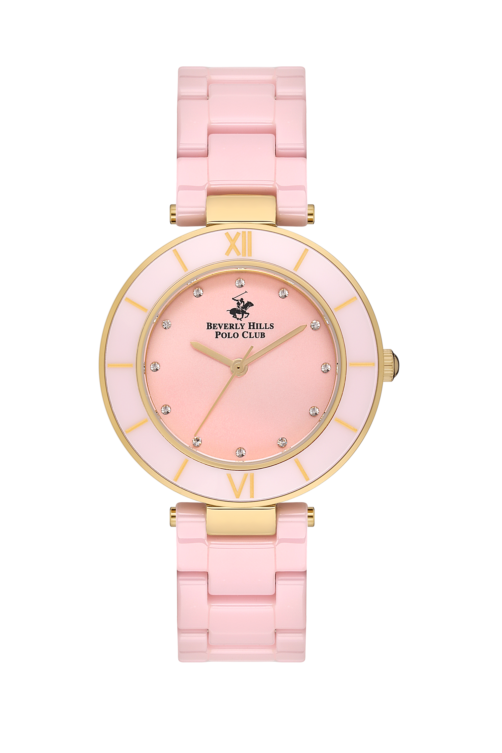 Beverly Hills Polo Club ceramic watch with pink dial, diamond indexes, two-tone case and pink bracelet