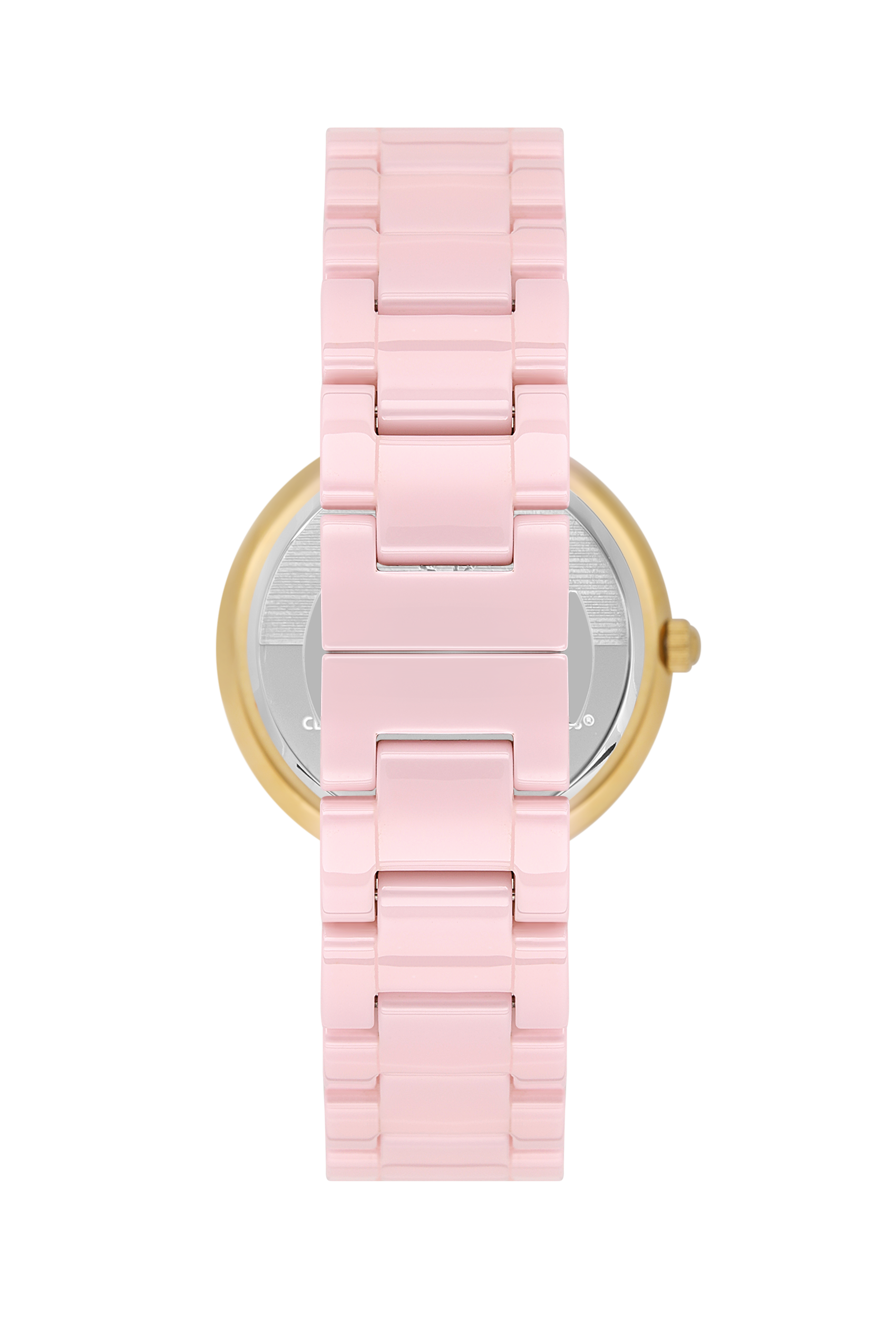 Side profile of Beverly Hills Polo Club ceramic watch with pink bracelet and gold-tone case