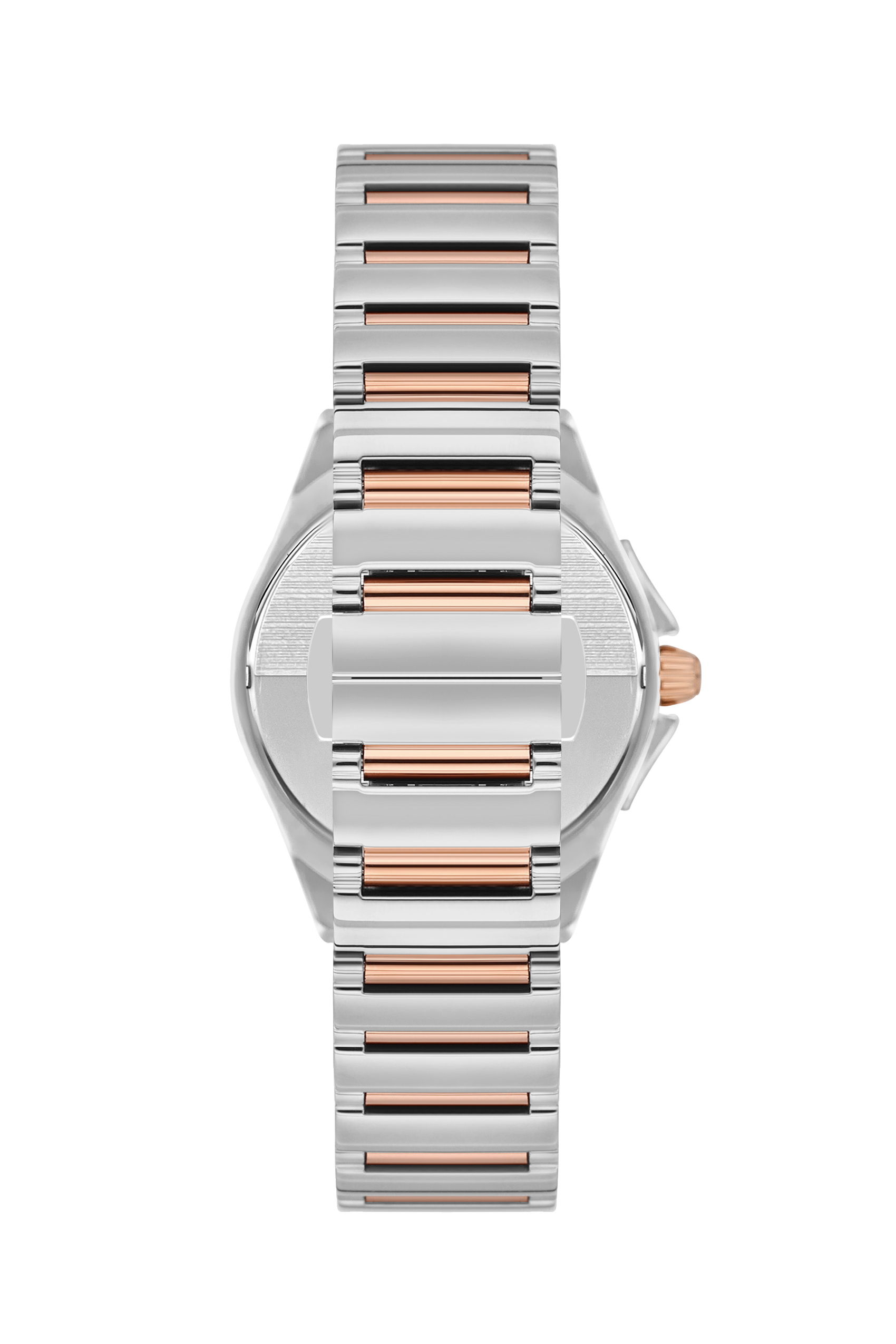 Back view of women's two-tone diamond watch with silver and rose gold stainless steel bracelet