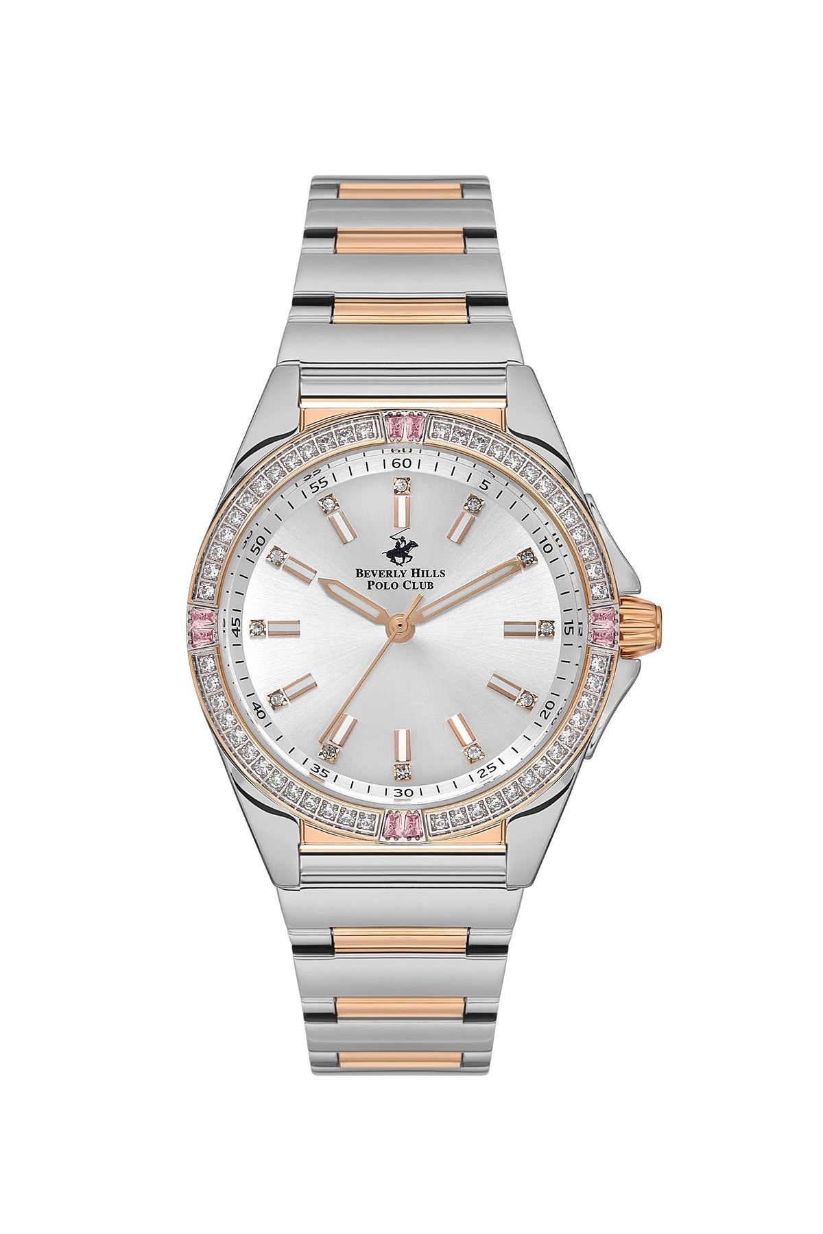 Beverly Hills Polo Club women's two-tone stainless steel quartz watch with diamond bezel and silver dial