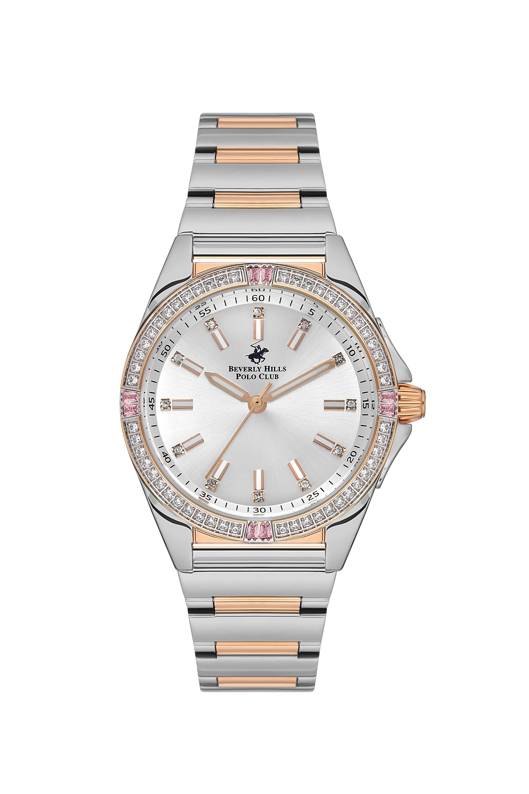 Beverly Hills Polo Club women's two-tone stainless steel quartz watch with diamond bezel and silver dial