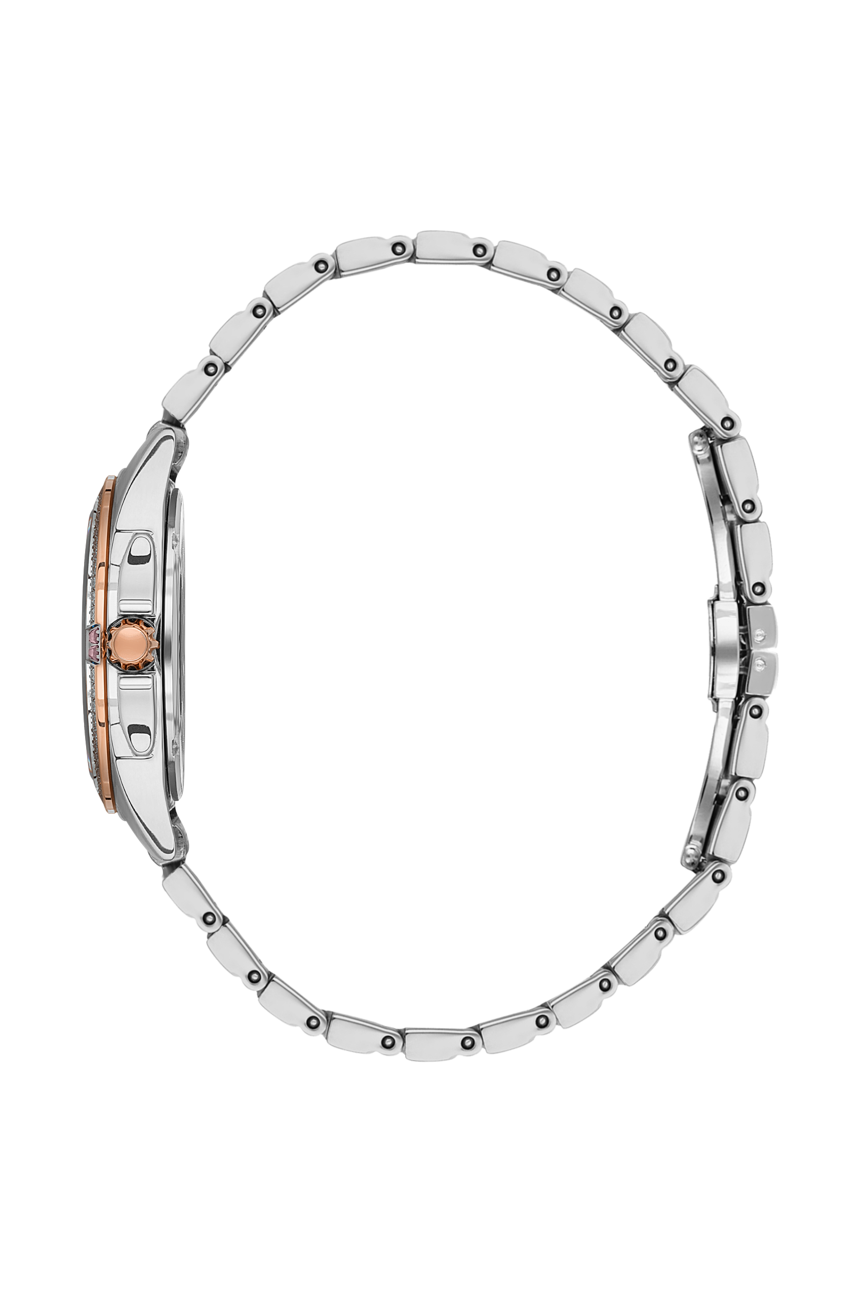 Side view of two-tone watch showing silver and rose gold stainless steel bracelet with diamond bezel