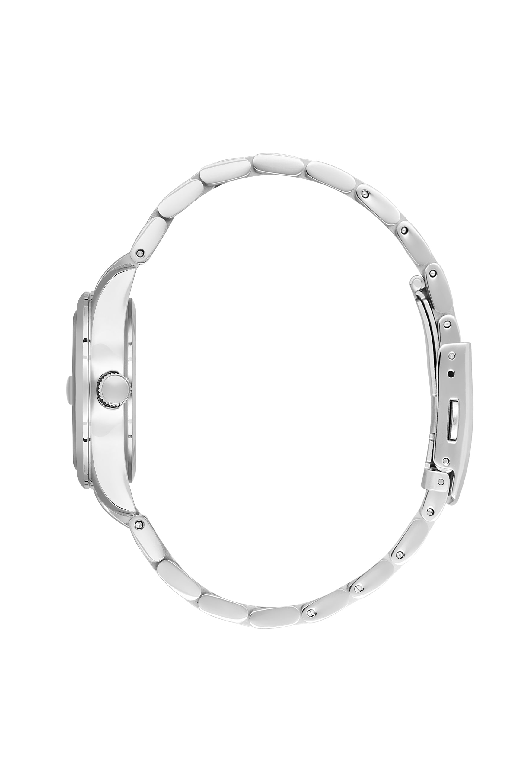 Side profile view of Beverly Hills Polo Club watch showing silver stainless steel bracelet