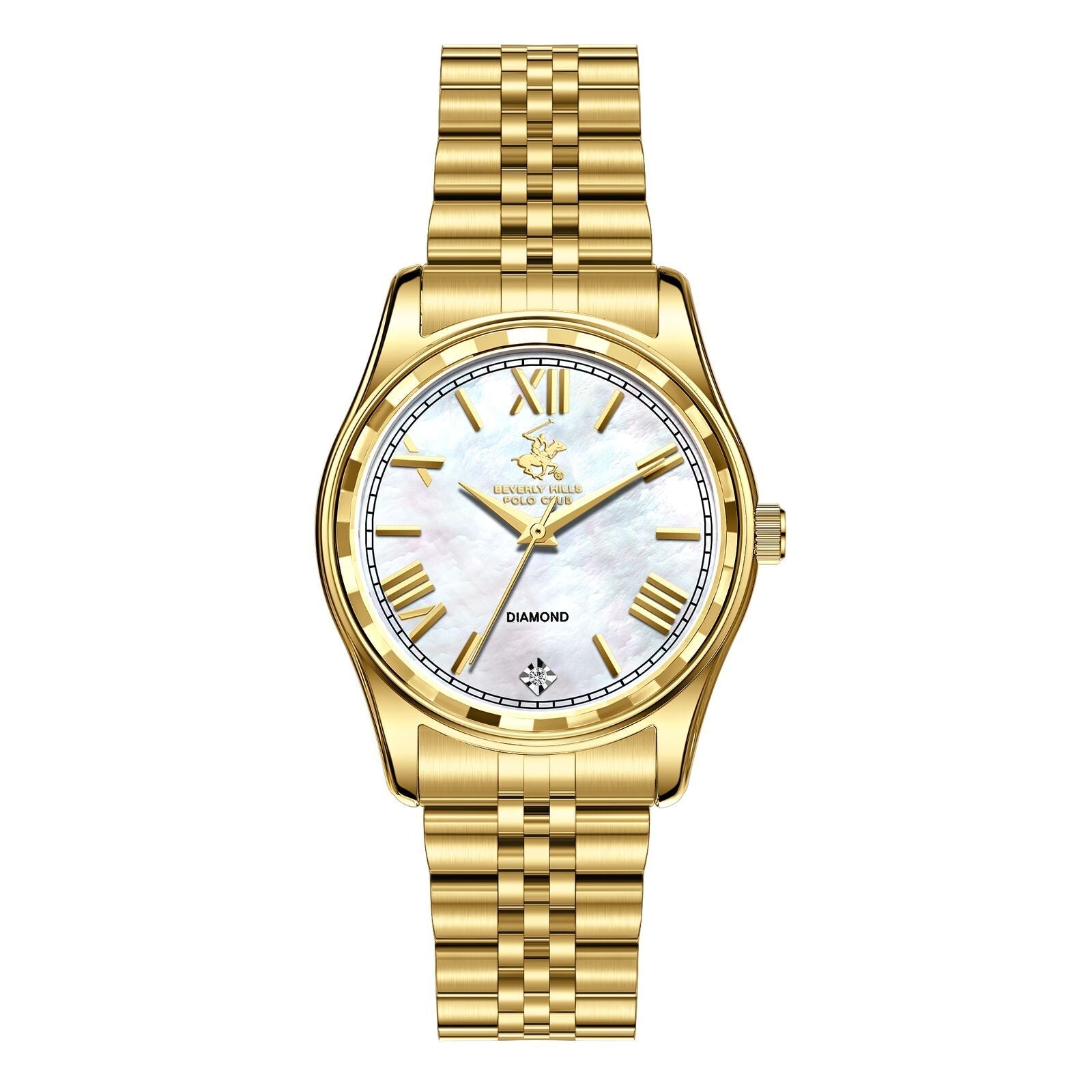 Beverly Hills Polo Club gold watch with mother of pearl dial and diamond markers, Roman numeral indices