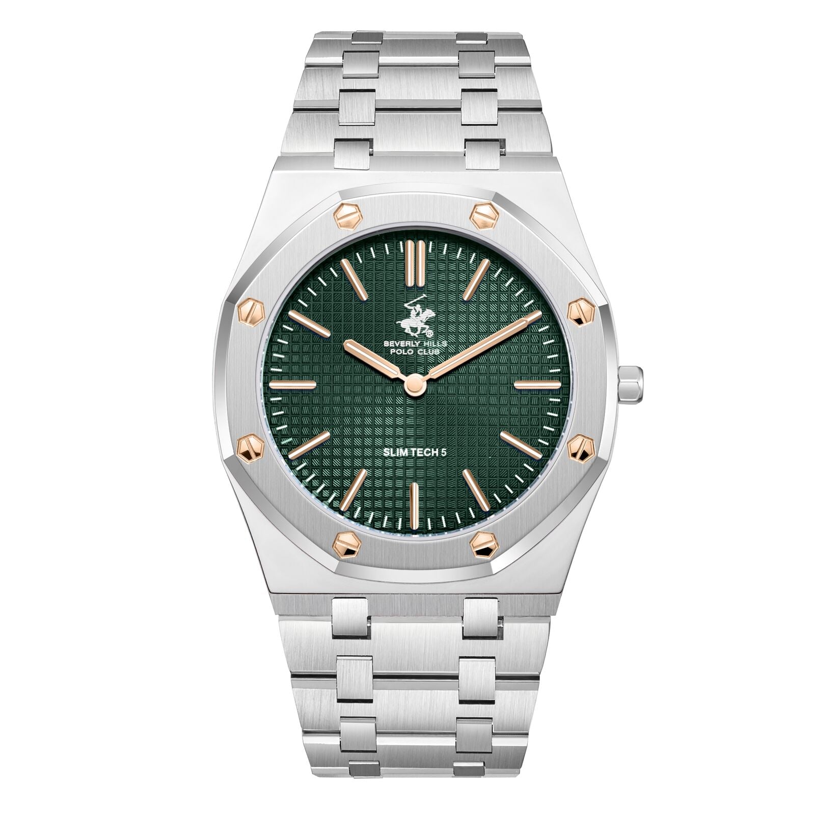 Beverly Hills Polo Club Slim Tech 5 watch with green dial, silver case, rose gold accent bezel, and steel bracelet