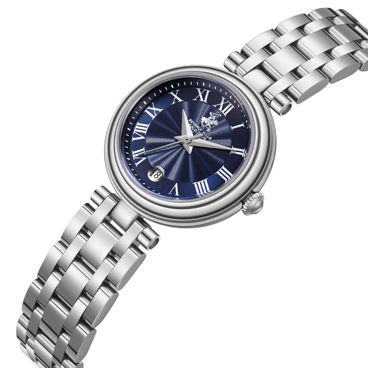 BP3838X.390 watch angled view showing silver bracelet and blue Roman numeral dial