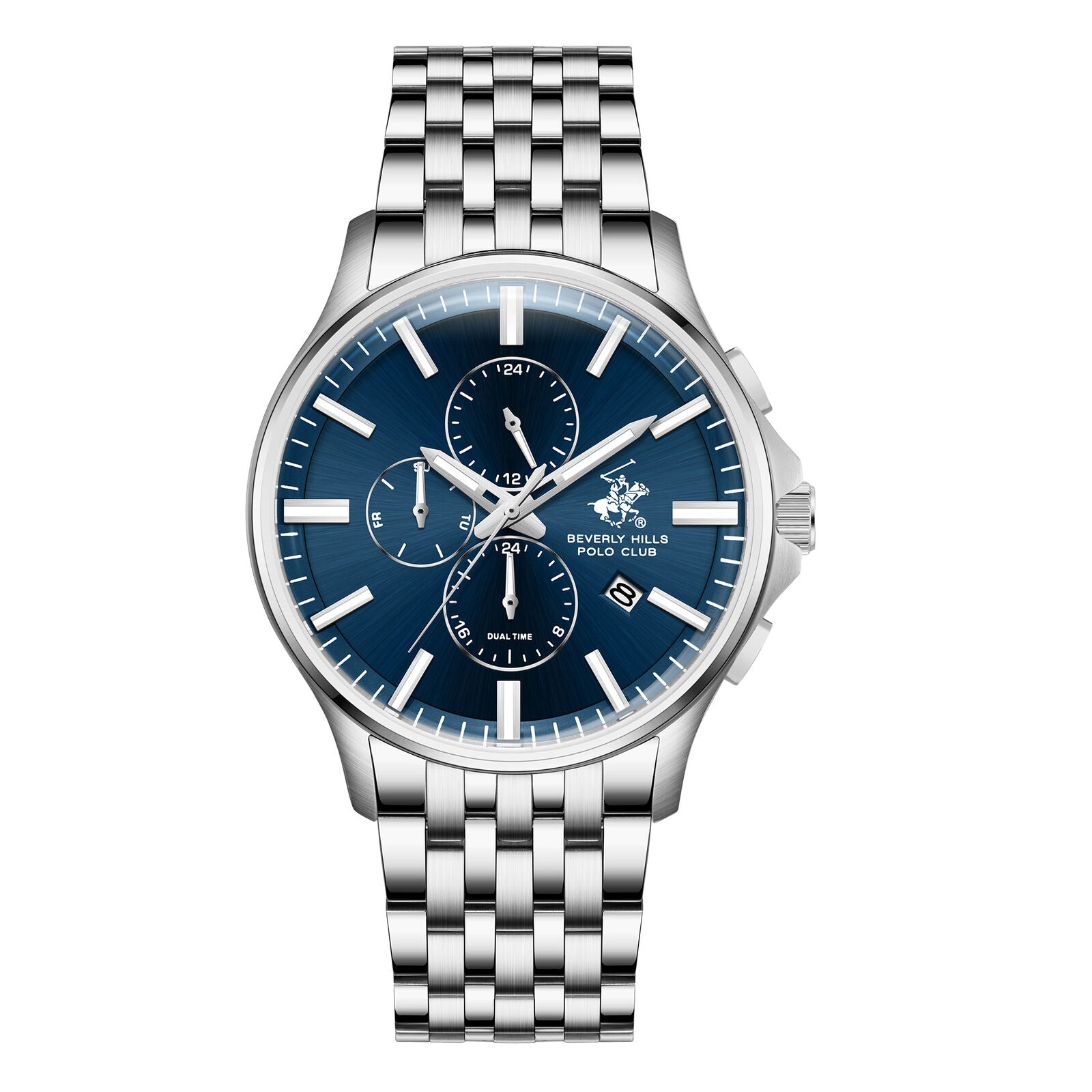 Beverly Hills Polo Club blue dial dual time watch with silver case and steel bracelet