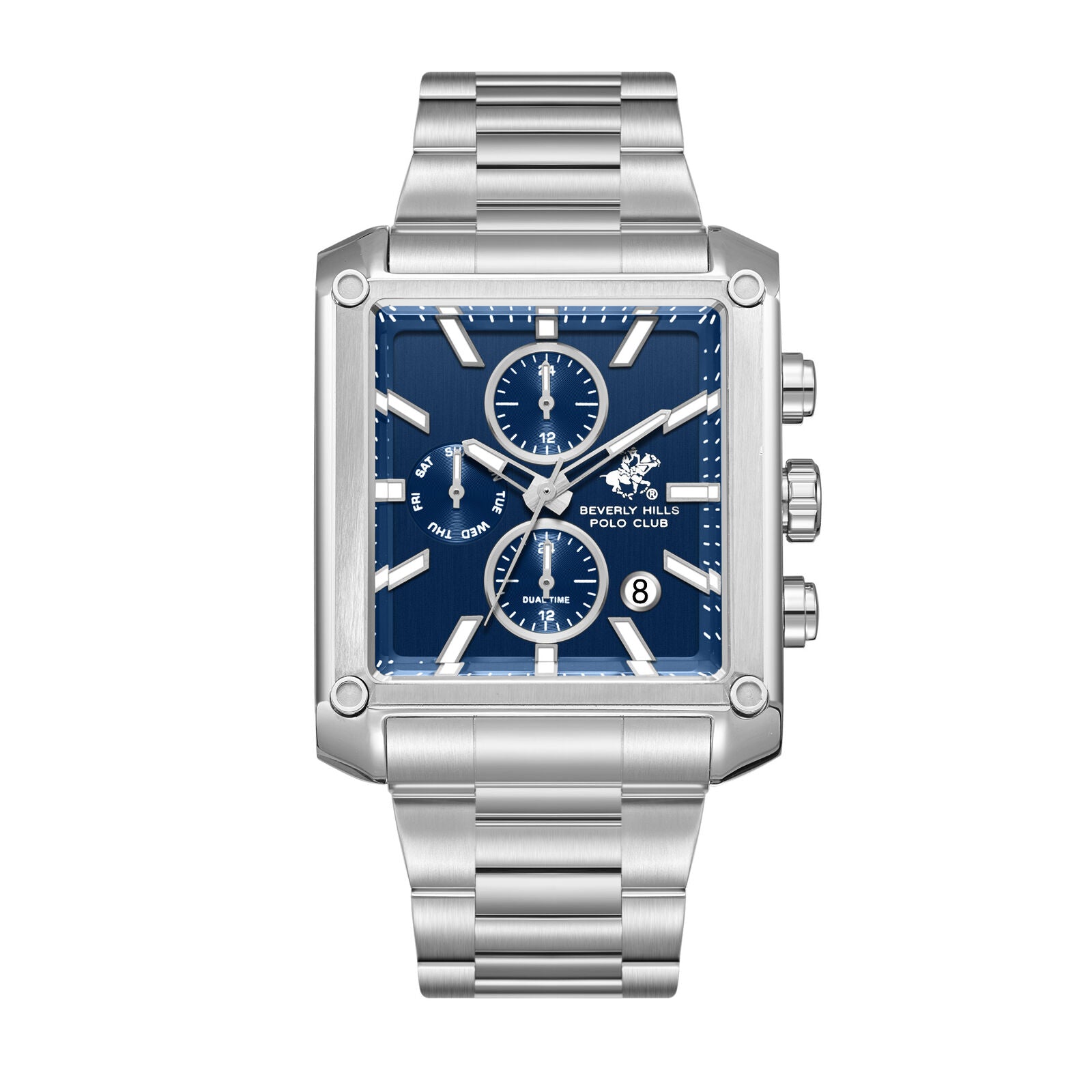 Beverly Hills Polo Club BP3868X.390 dual time multifunction watch with blue dial and silver case