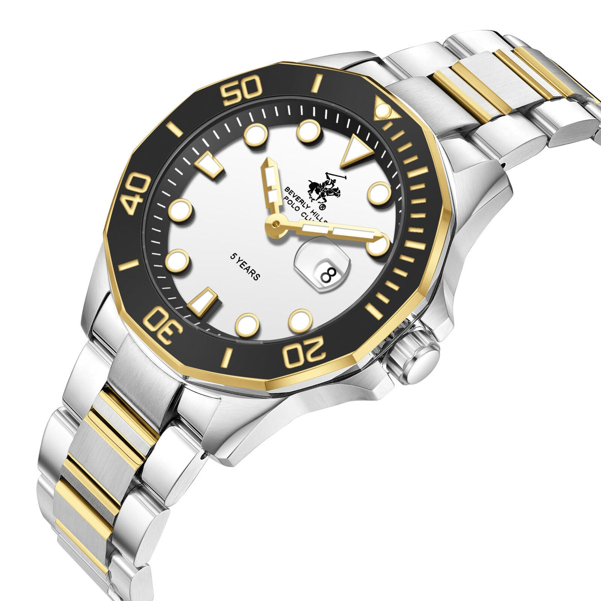 Beverly Hills Polo Club watch angled view showing two-tone stainless steel and gold bracelet with white dial and black bezel