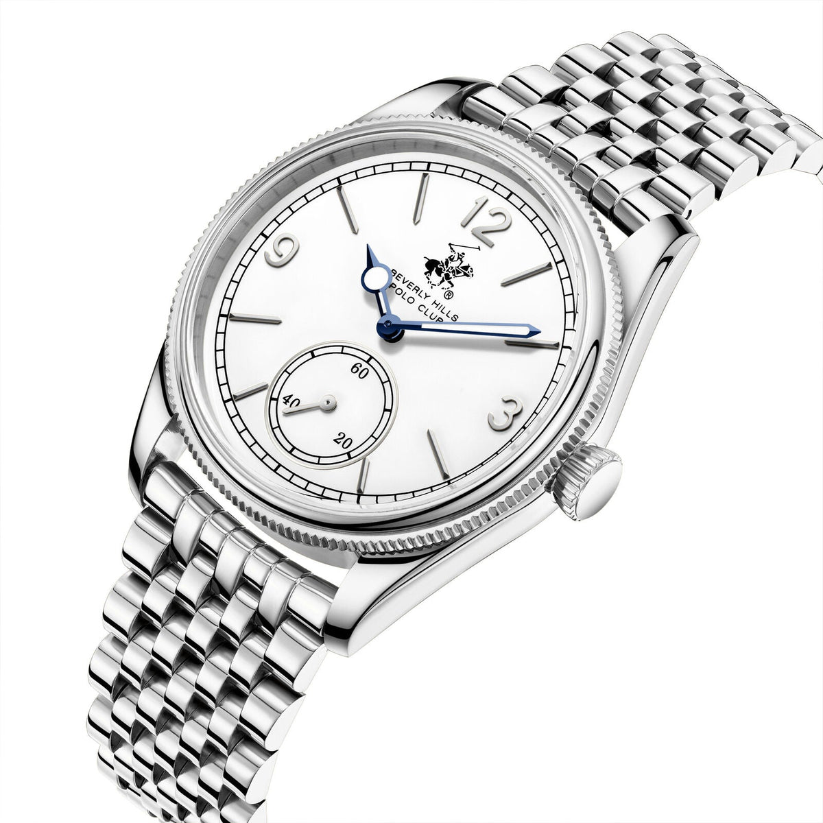 Beverly Hills Polo Club BP3890X.330 angled view showing silver bracelet and white dial with blue hands