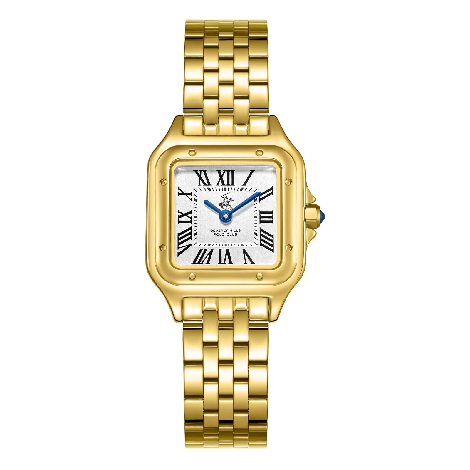 All-gold square watch with white roman numeral dial and blue hands on gold bracelet