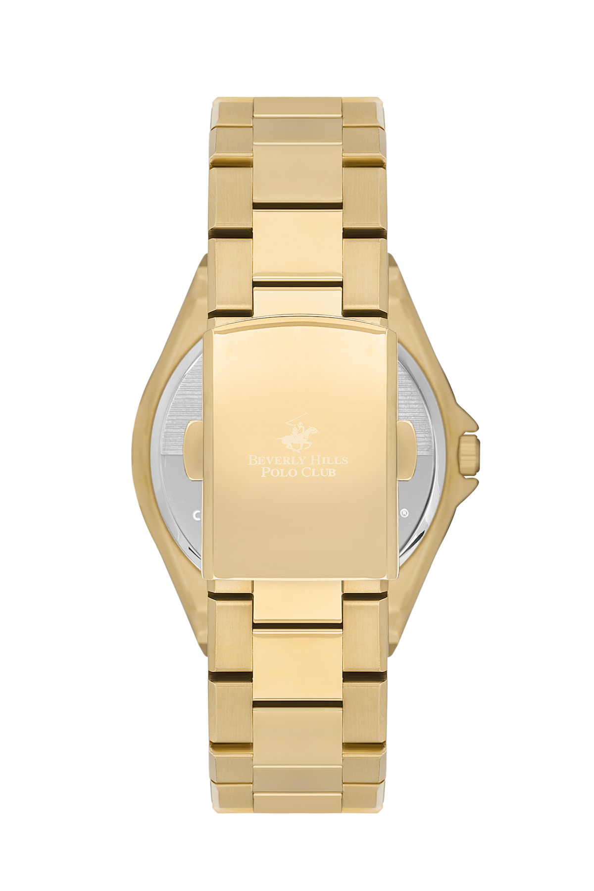 Gold caseback of Beverly Hills Polo Club watch with engraved branding