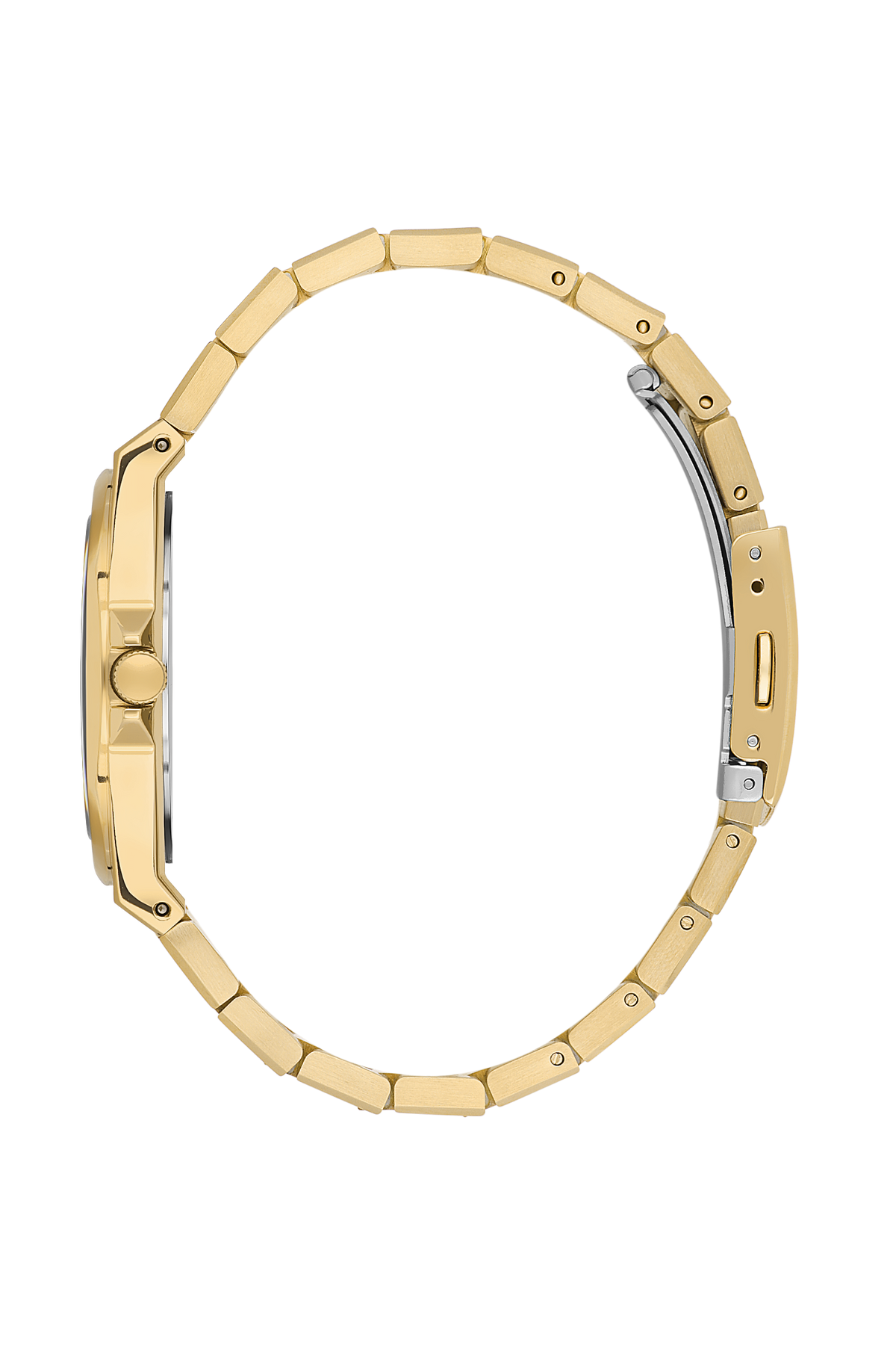 Gold braided bracelet and case side profile of Beverly Hills Polo Club watch