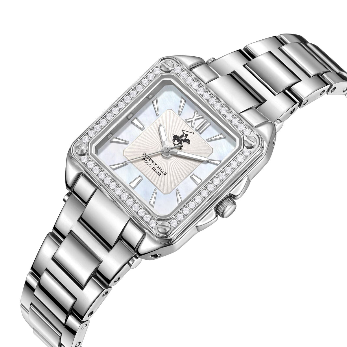 Silver square watch with diamond bezel, silver bracelet, and white dial with Roman numerals