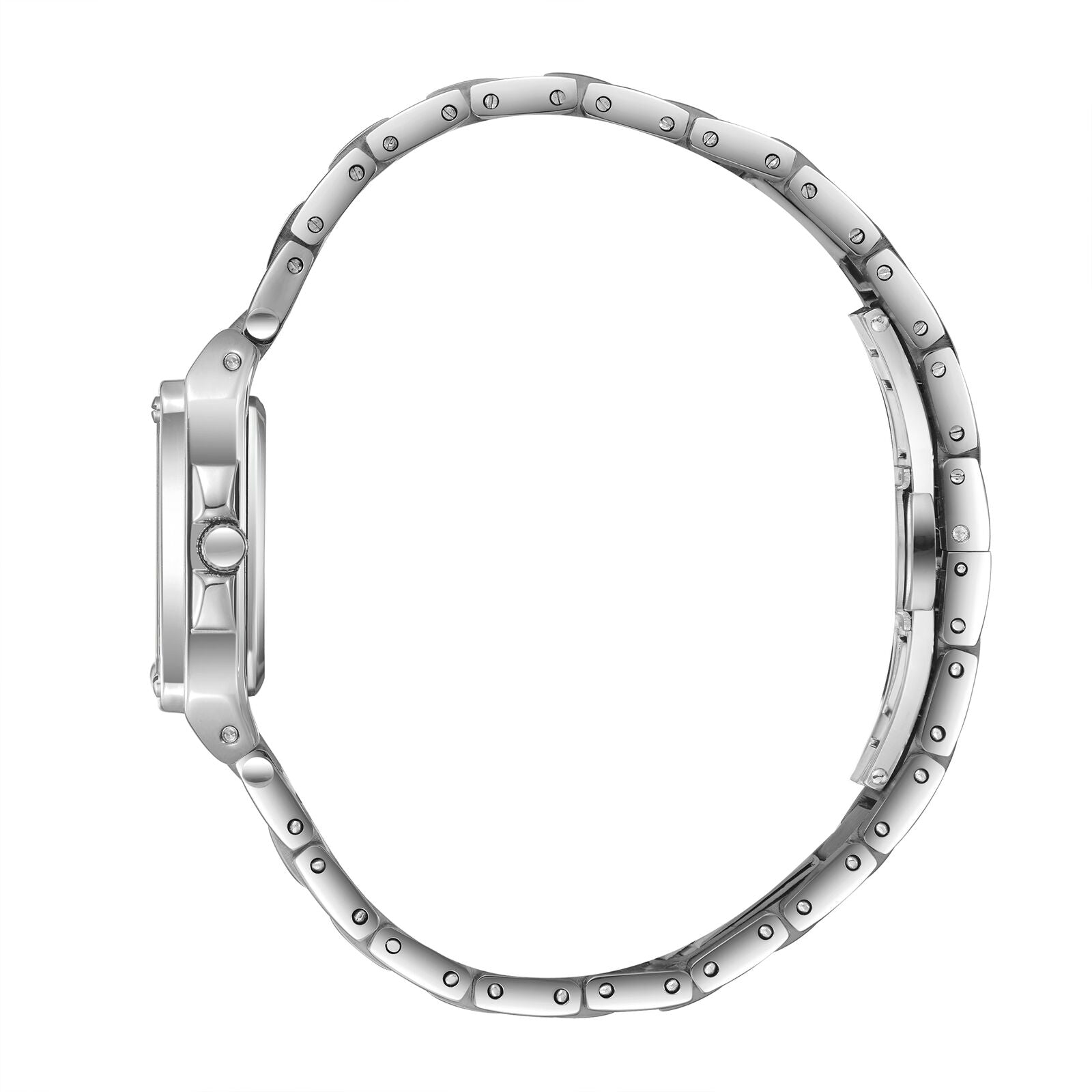 Silver stainless steel bracelet with polished links and screw details