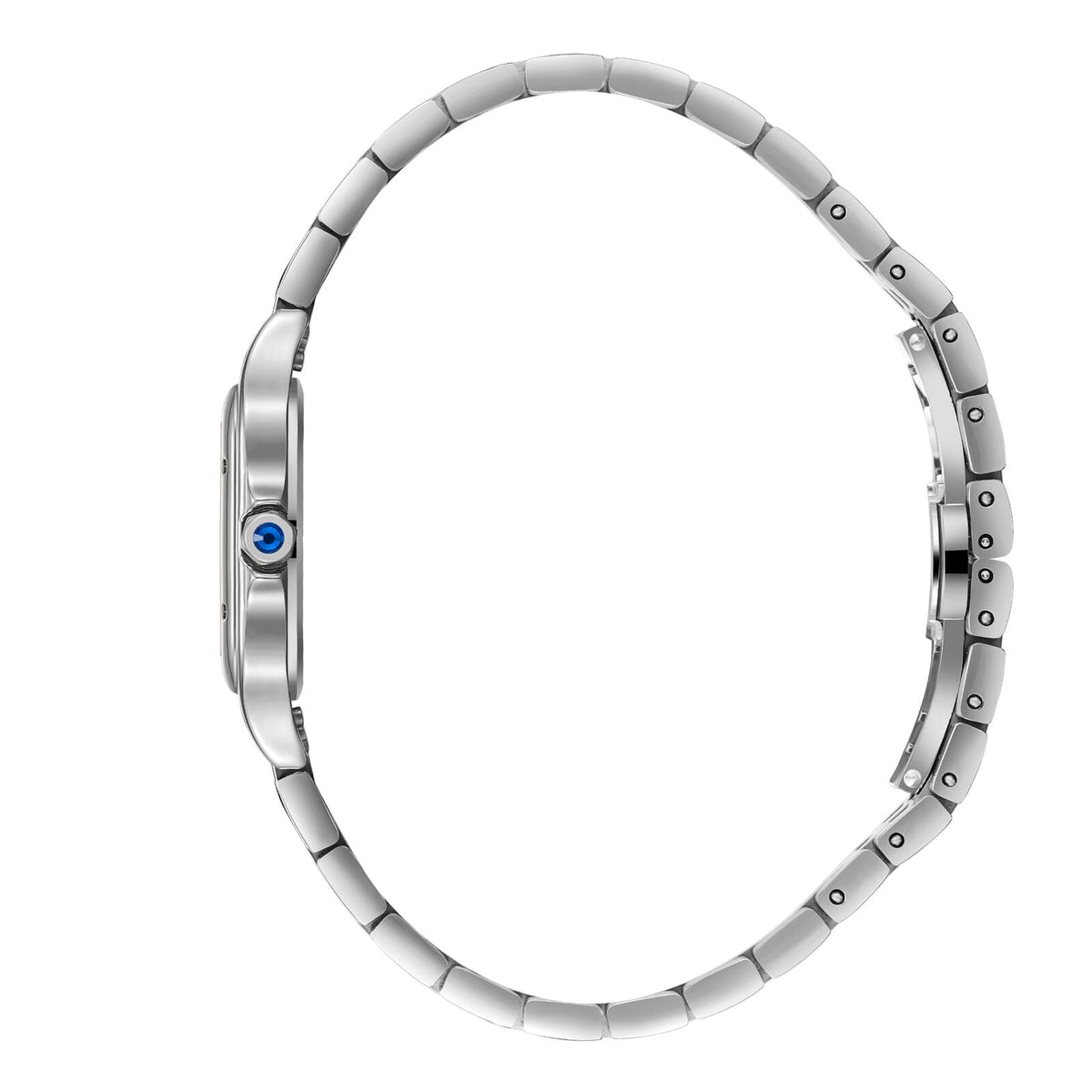 Silver bracelet watch shown from side with blue crown detail visible