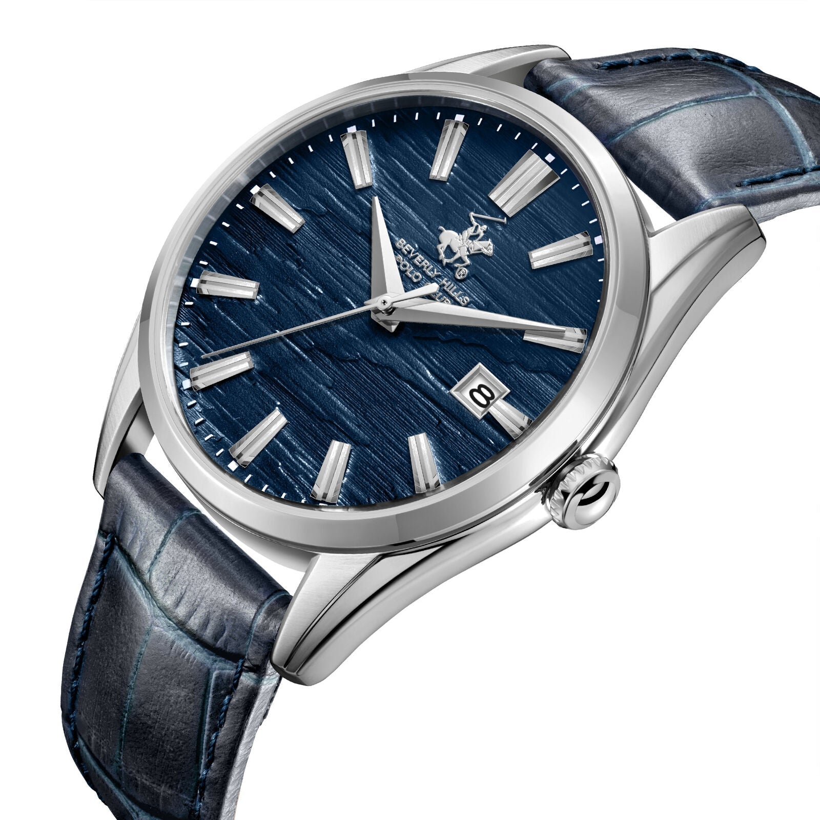 Beverly Hills Polo Club BP3811X.399 watch angled view showing silver case and blue leather strap
