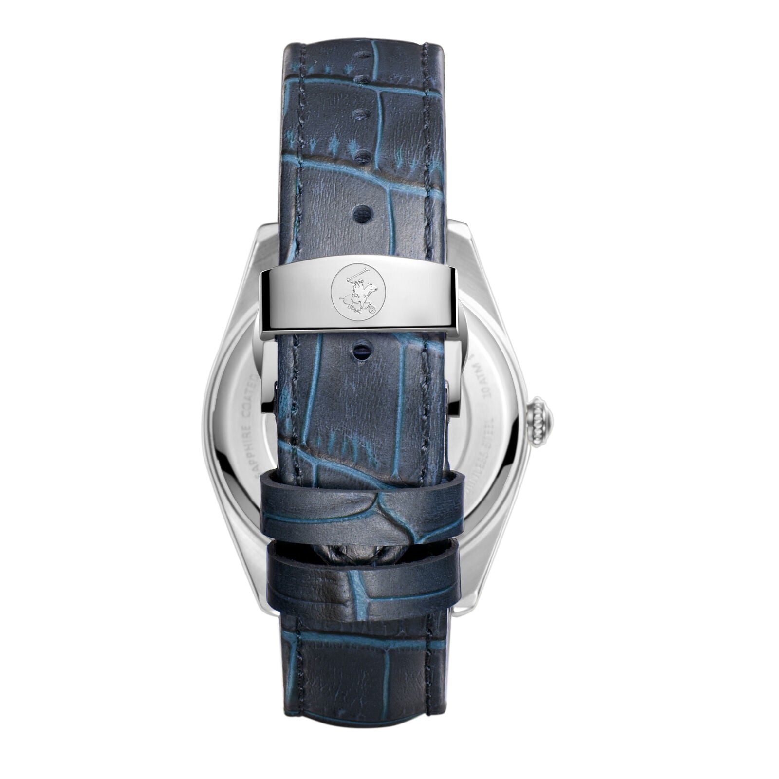 Beverly Hills Polo Club BP3811X.399 caseback showing blue crocodile leather strap detail
