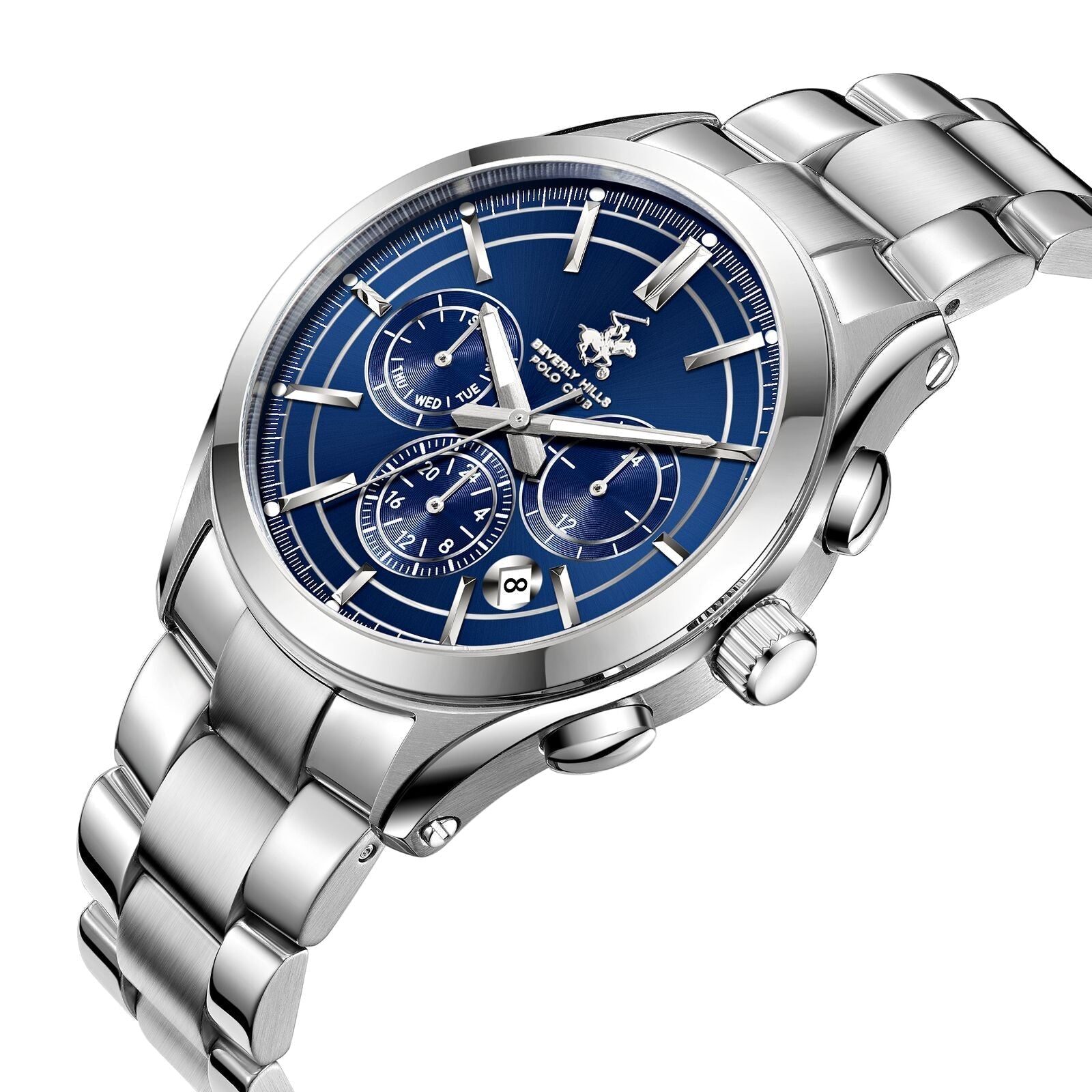 Beverly Hills Polo Club silver watch with blue chronograph dial viewed at angle showing bracelet
