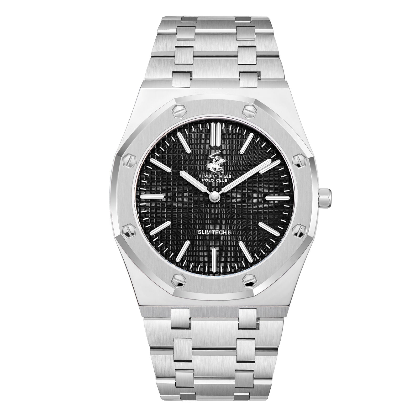 Beverly Hills Polo Club Slim Tech 5 silver men's watch with black textured dial and silver bracelet