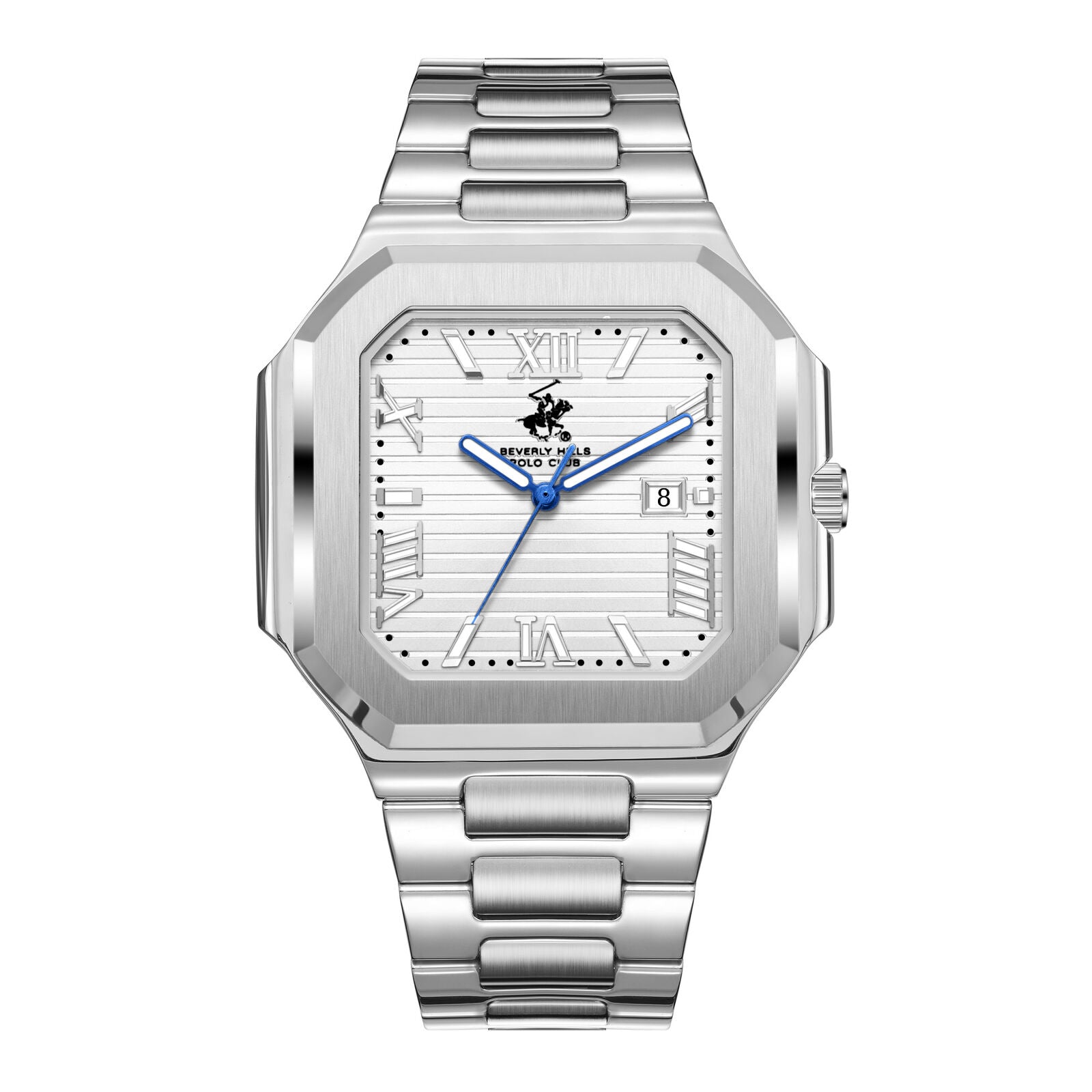 Beverly Hills Polo Club BP3845X silver steel watch with square face, white dial, blue hands, and date window