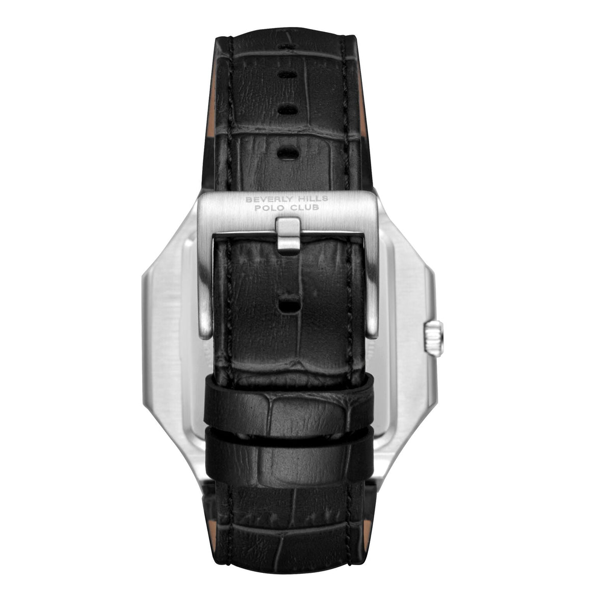 Beverly Hills Polo Club watch caseback view showing silver case with black leather crocodile-pattern strap