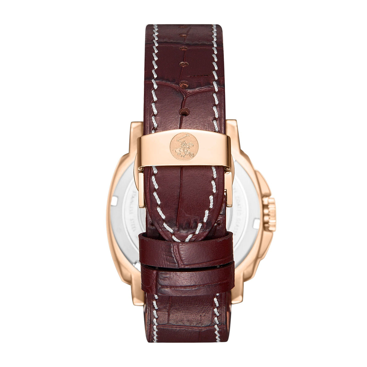 BHPC BP3867X.162 caseback showing rose gold case with red leather strap and deployment clasp