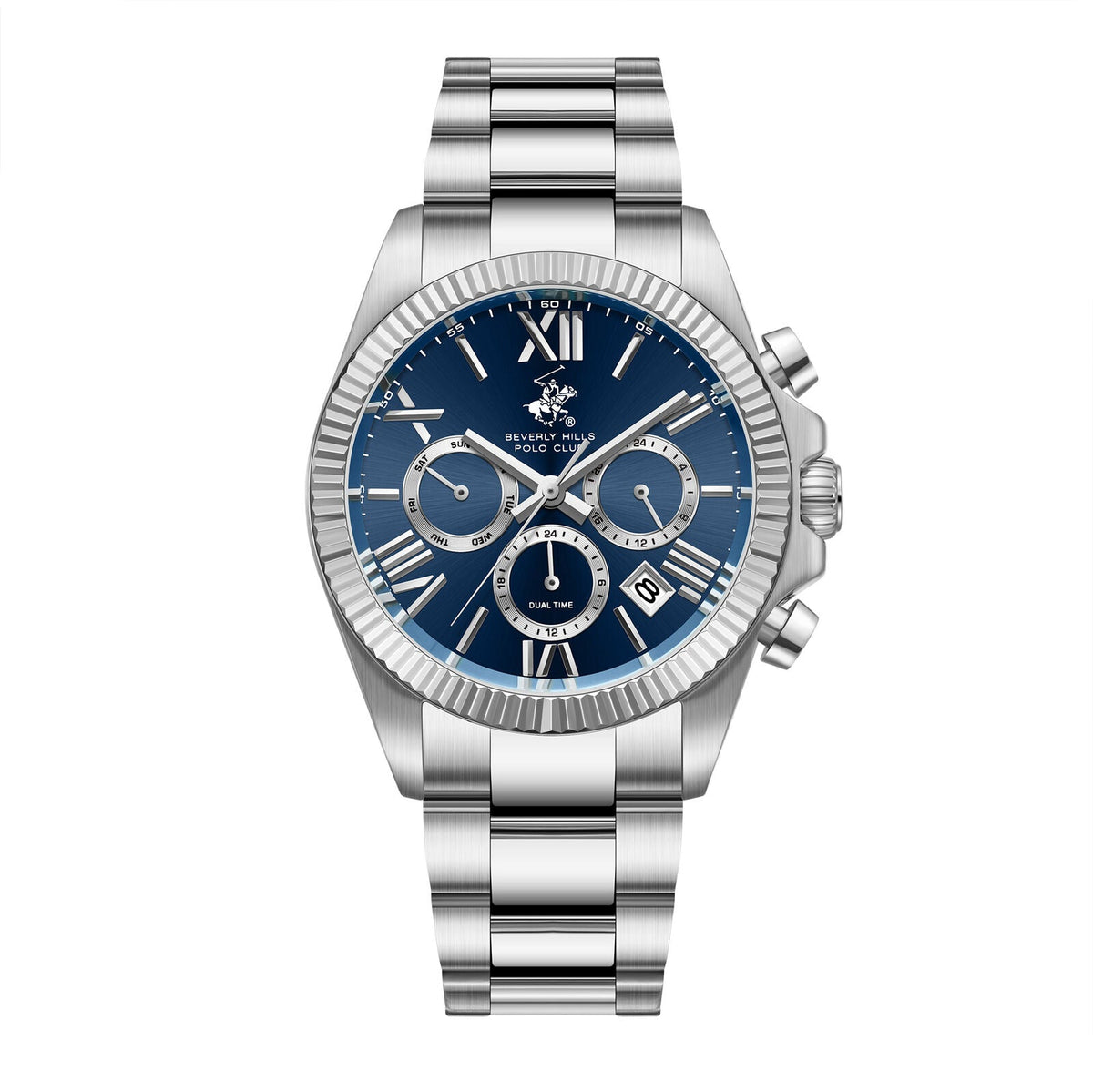 Beverly Hills Polo Club BP3874X.390 watch with blue dial, silver chronograph subdials, and silver stainless steel bracelet